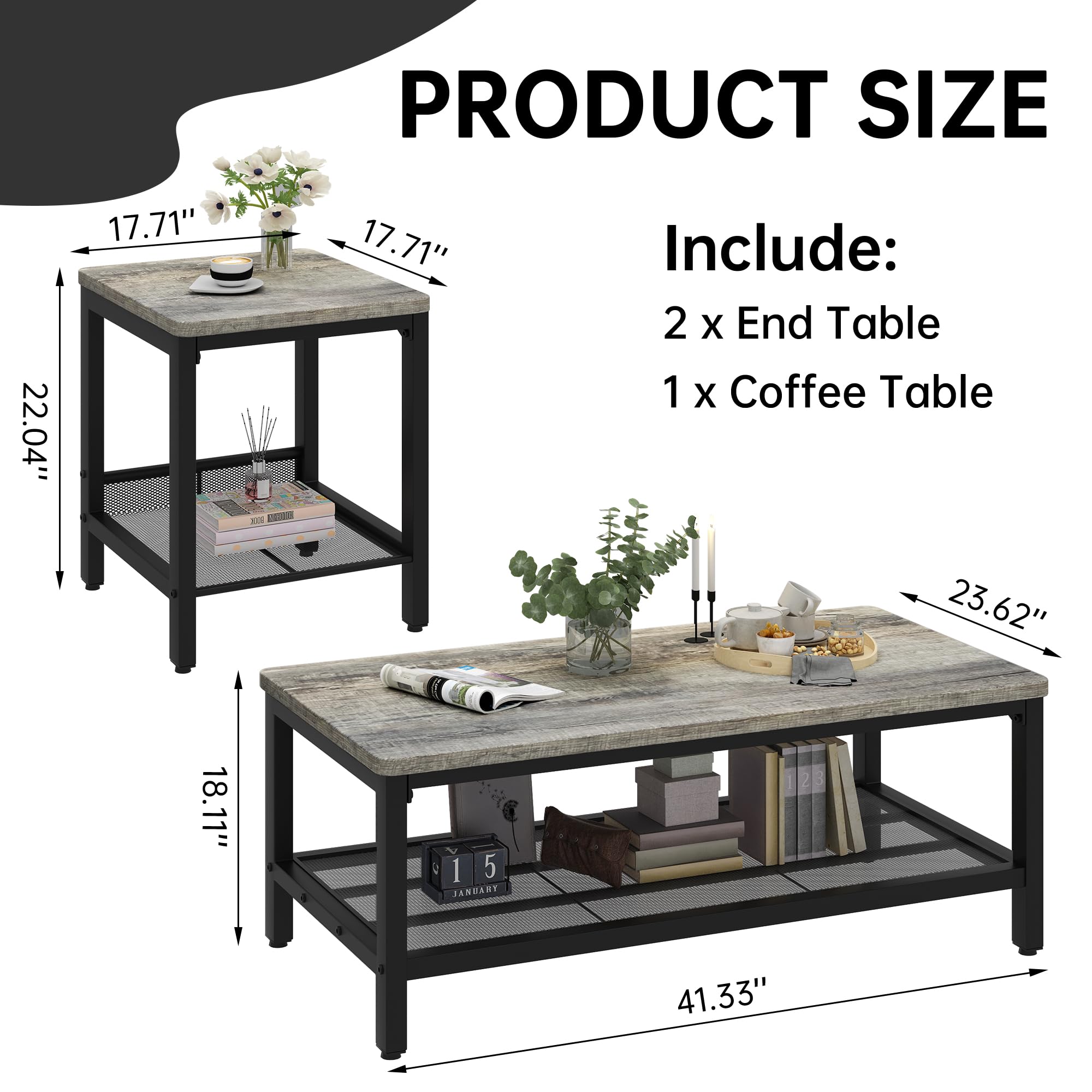 3-Piece Coffee Table Set with Metal Frame