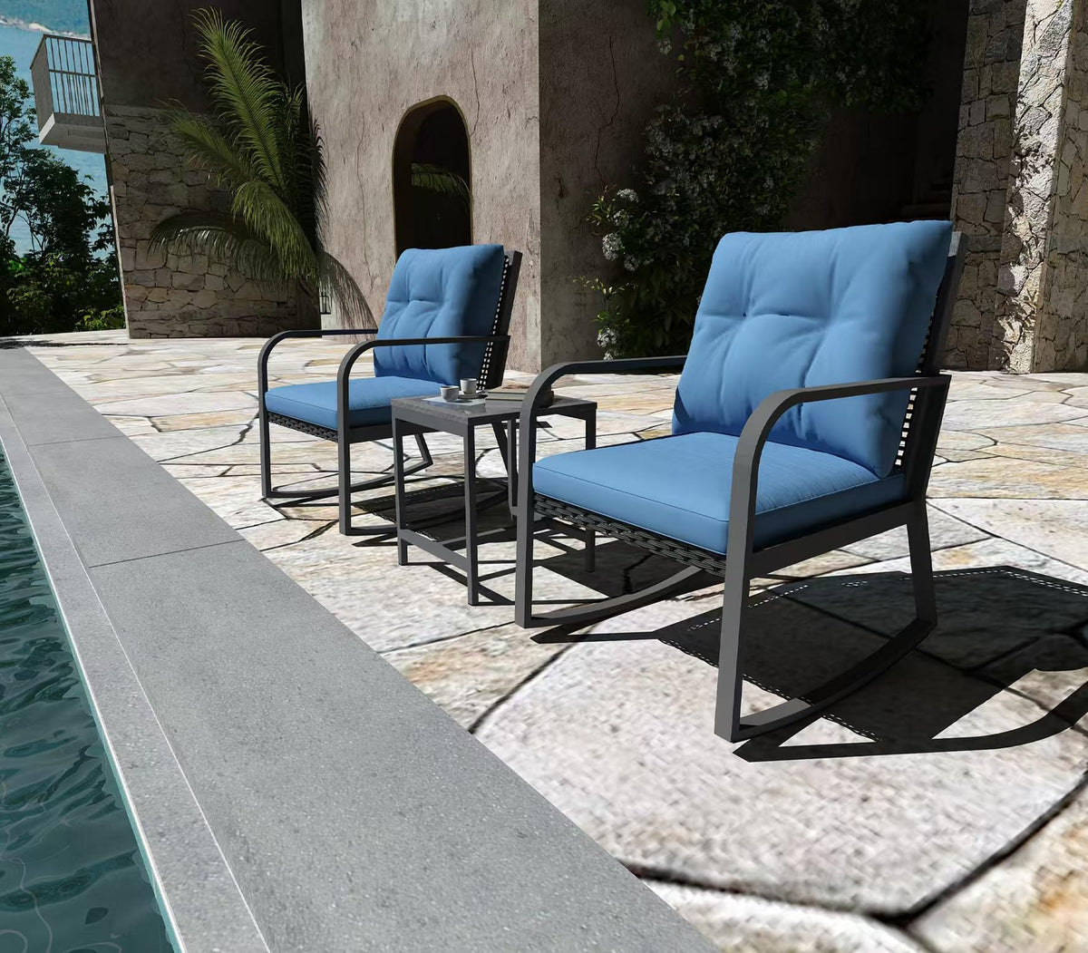 Temminkii Bistro 3 Piece Patio Furniture Set, Patio Table and Rattan Outdoor Rocking Chairs Set of 2, Outdoor Bistro Conversation Set for Garden, Balcony, Poolside, Backyard, Blue