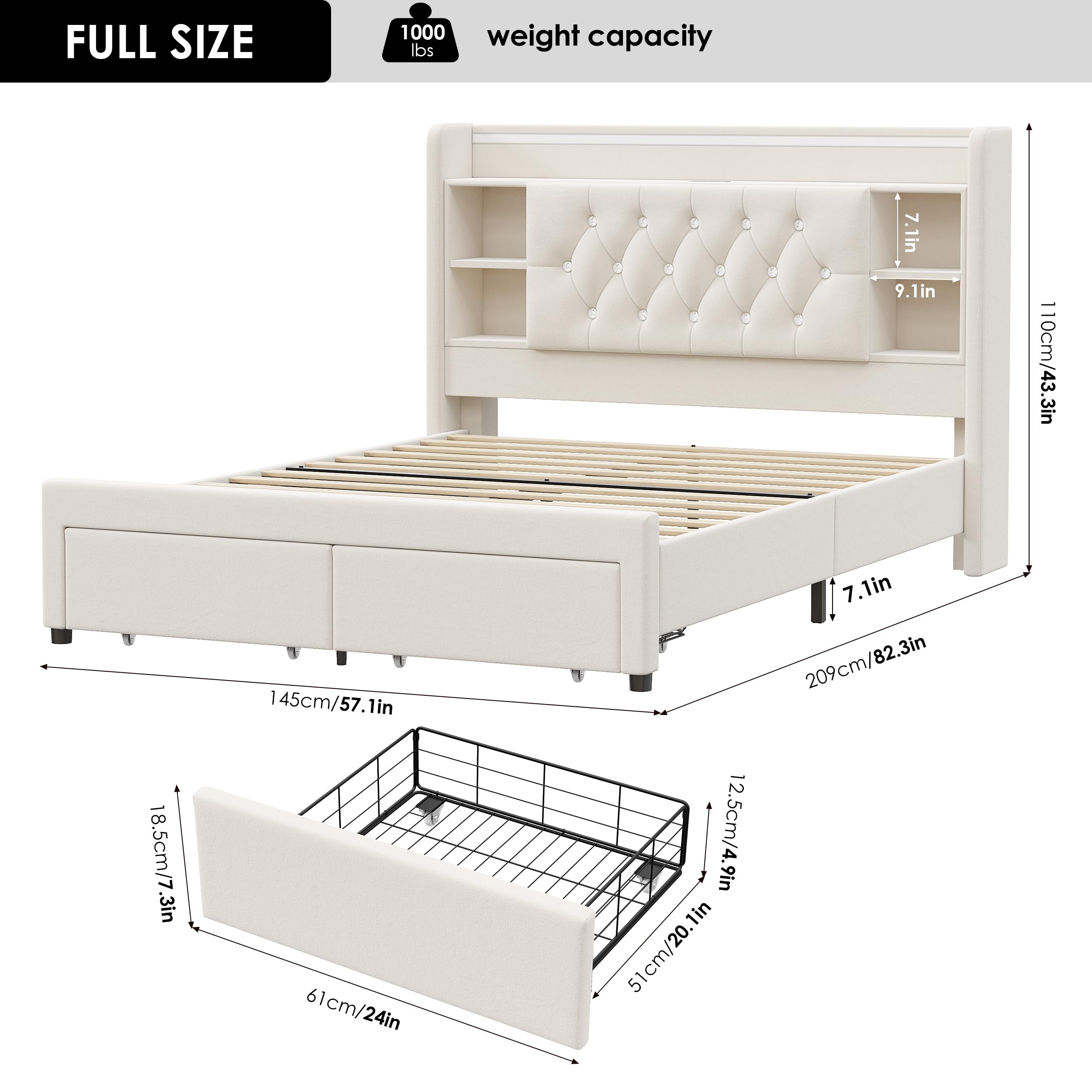Upholstered Platform Bed with LED Headboard & Storage Drawers