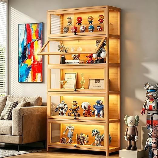 5-Tier Bamboo & Acrylic Display Cabinet with Doors