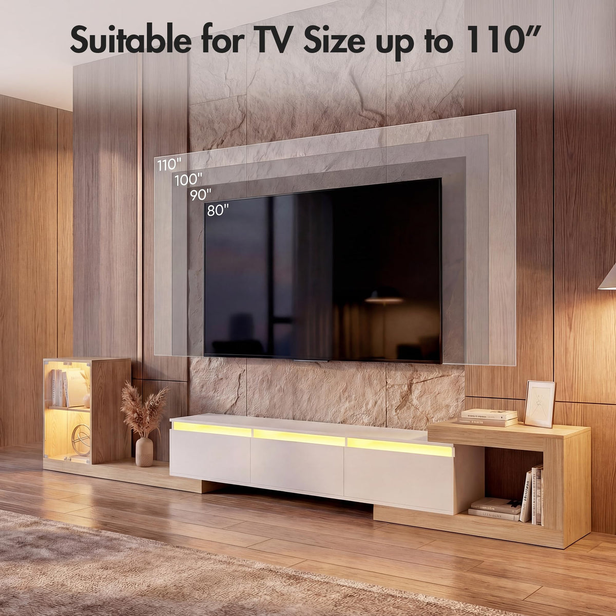 85.4"-129.5" Extendable TV Stand with Glass Cabinet for 75”-110” TVs White