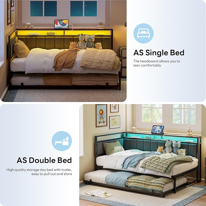 Upholstered Daybed with Trundle & LED Lights