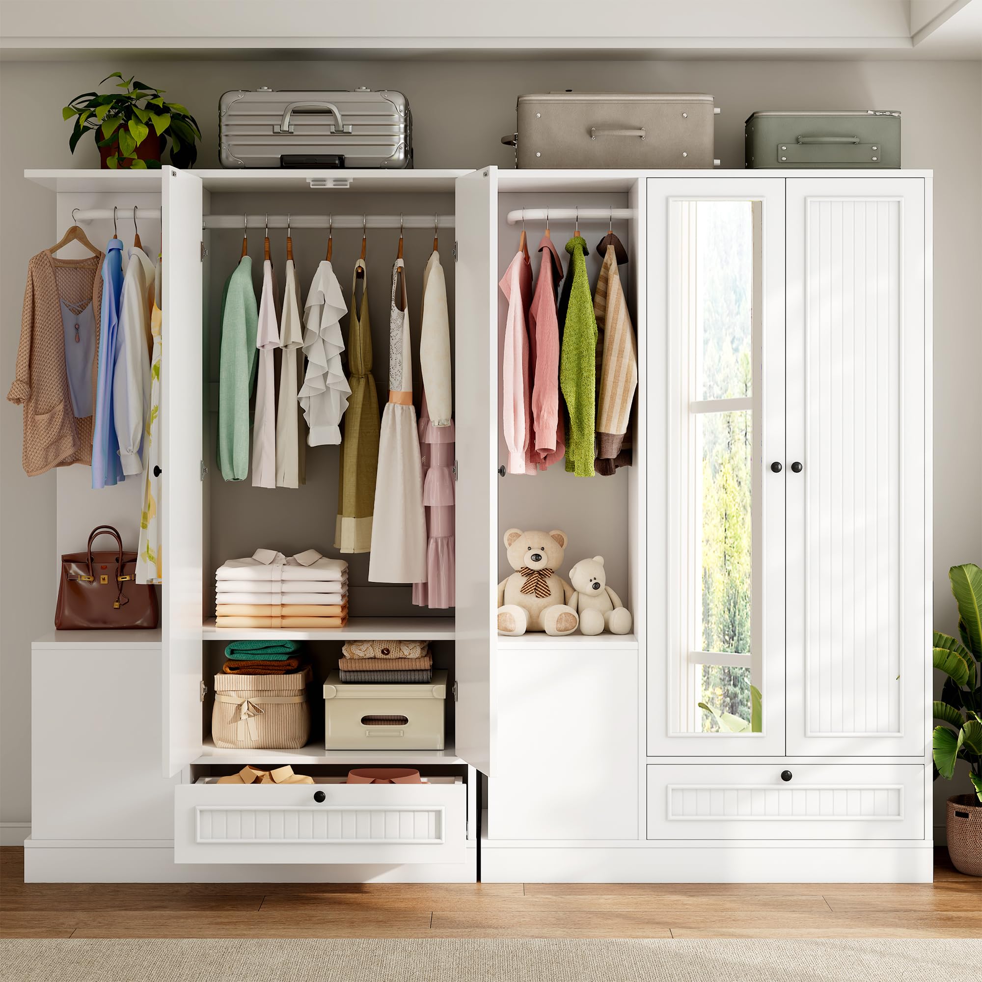 2-Door Wardrobe Closet with Mirror & Drawers