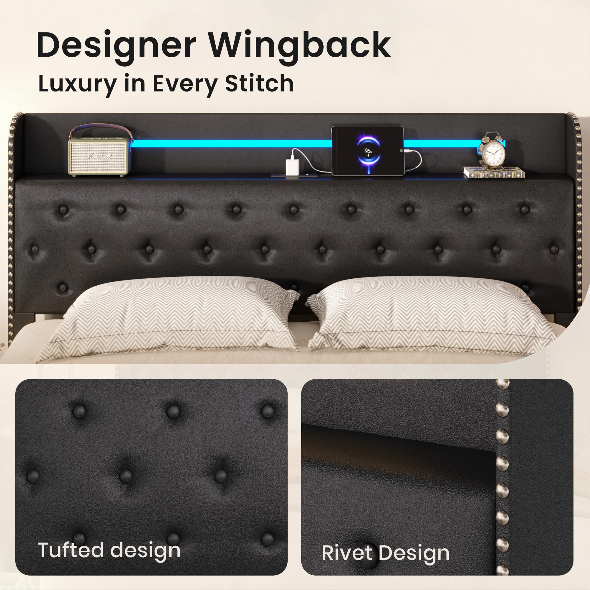 Lifezone Queen Bed Frame with 4 Storage Drawers and LED Lights, Upholstered Faux Leather Wingback Platform Bed with Type-C Charging Station, Noise-Free Heavy Duty Metal, No Box Spring Needed, Black