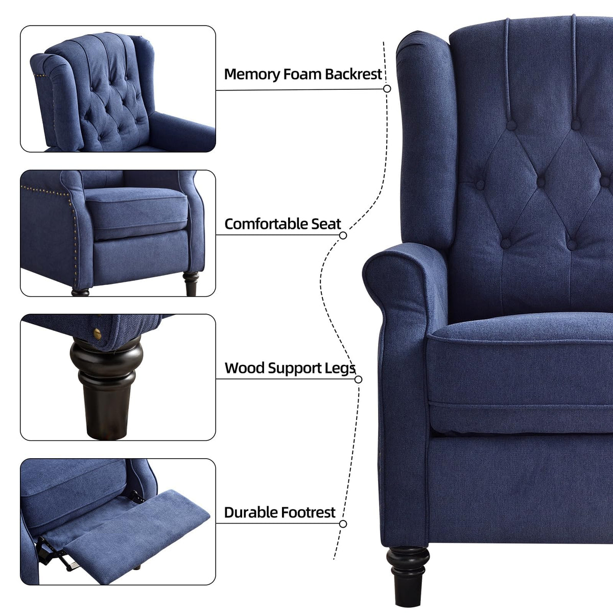 EBELLO Pushback Recliner Chair, Fabric Armchair Push Back Recliner with Rivet Decoration, Single Sofa Accent Chair for Living Room, Bedroom, Navy Blue