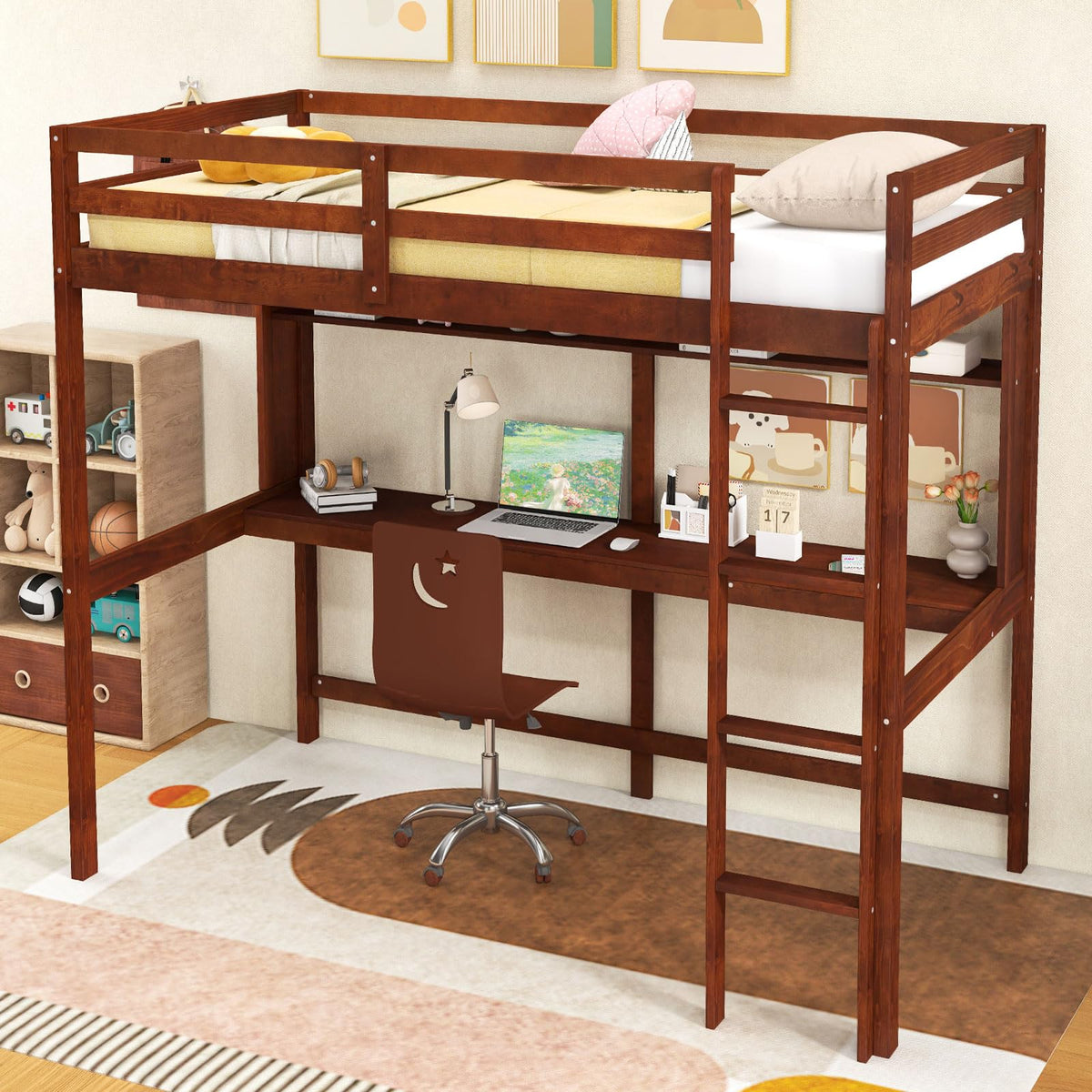 KOMFOTT Twin Loft Bed with Desk, Wood Loft Beds for Kids with Ladder, Solid Pine Wood Frame & Safety Guardrails, No Box Spring Needed, Space-Saving High Loft Bed Frame for Home, Dorm, Brown