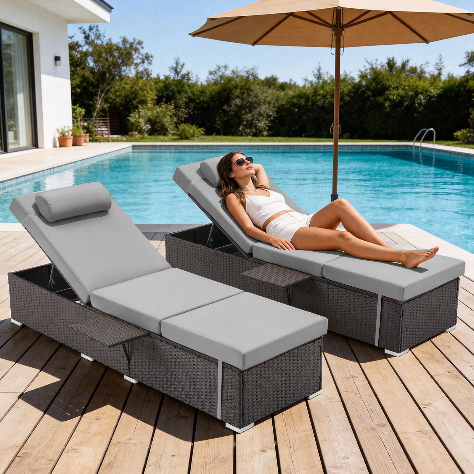 Outdoor Reclining Chaise Lounge Set of 2 with Cushion & Side Tray