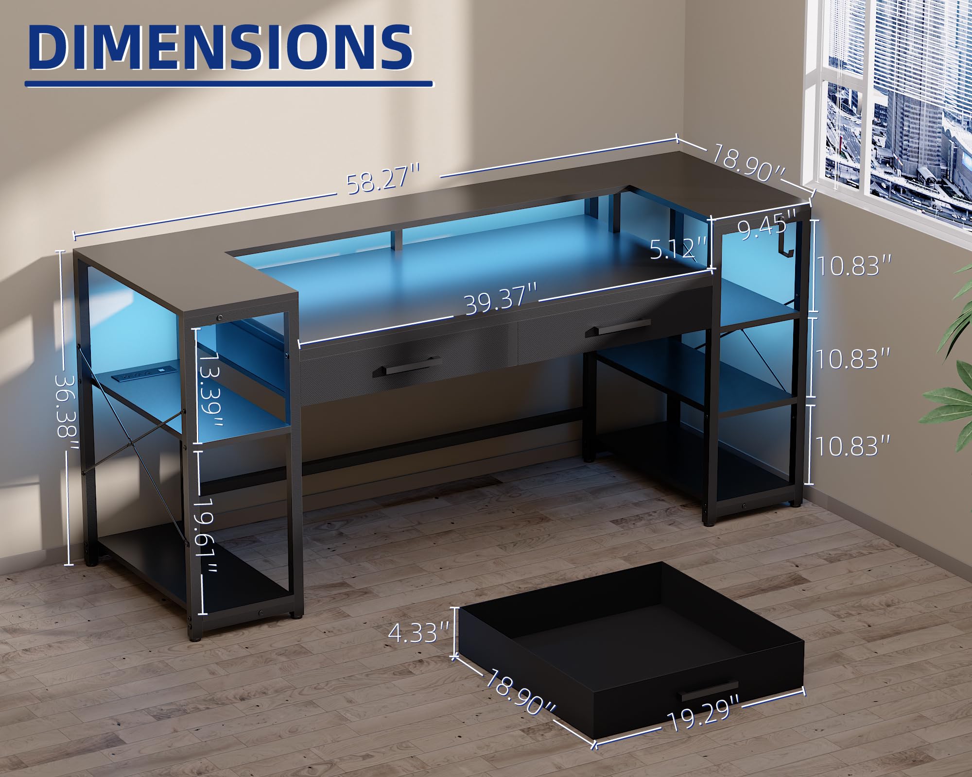 Pamray 58 Inch Computer Desk with Monitor Stand and Shelves Gaming Desk with LED Lights & Power Outlets PC Vanity Table with 2 Drawers for Home Office Marble