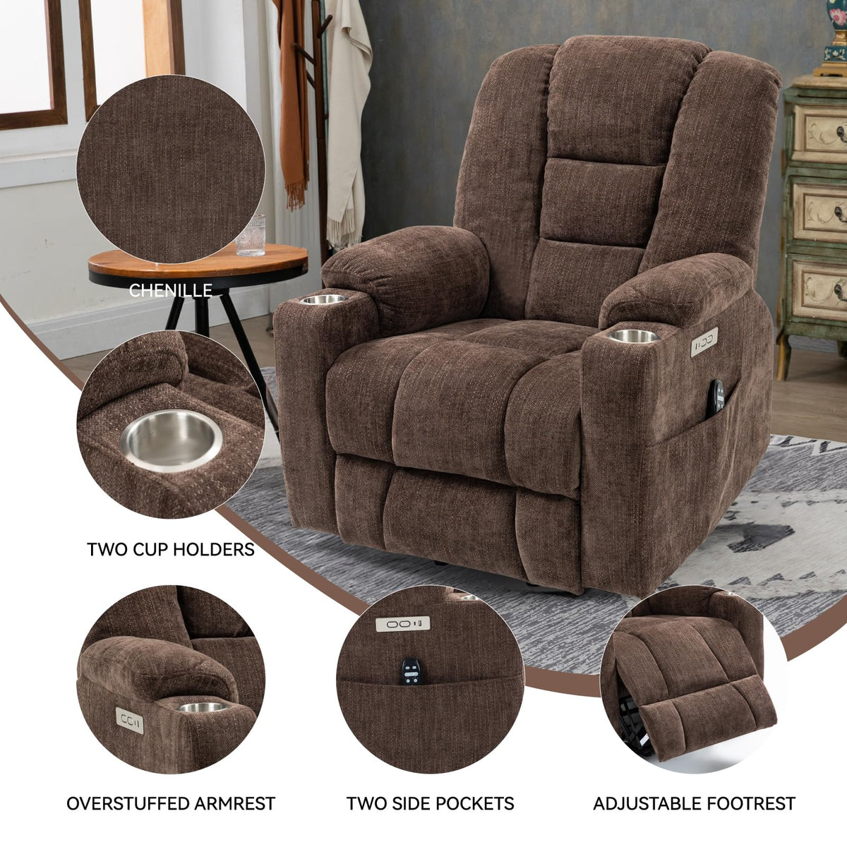 Power Lift Recliner Chair for Elderly with Massage & Heat, Chenille, Brown