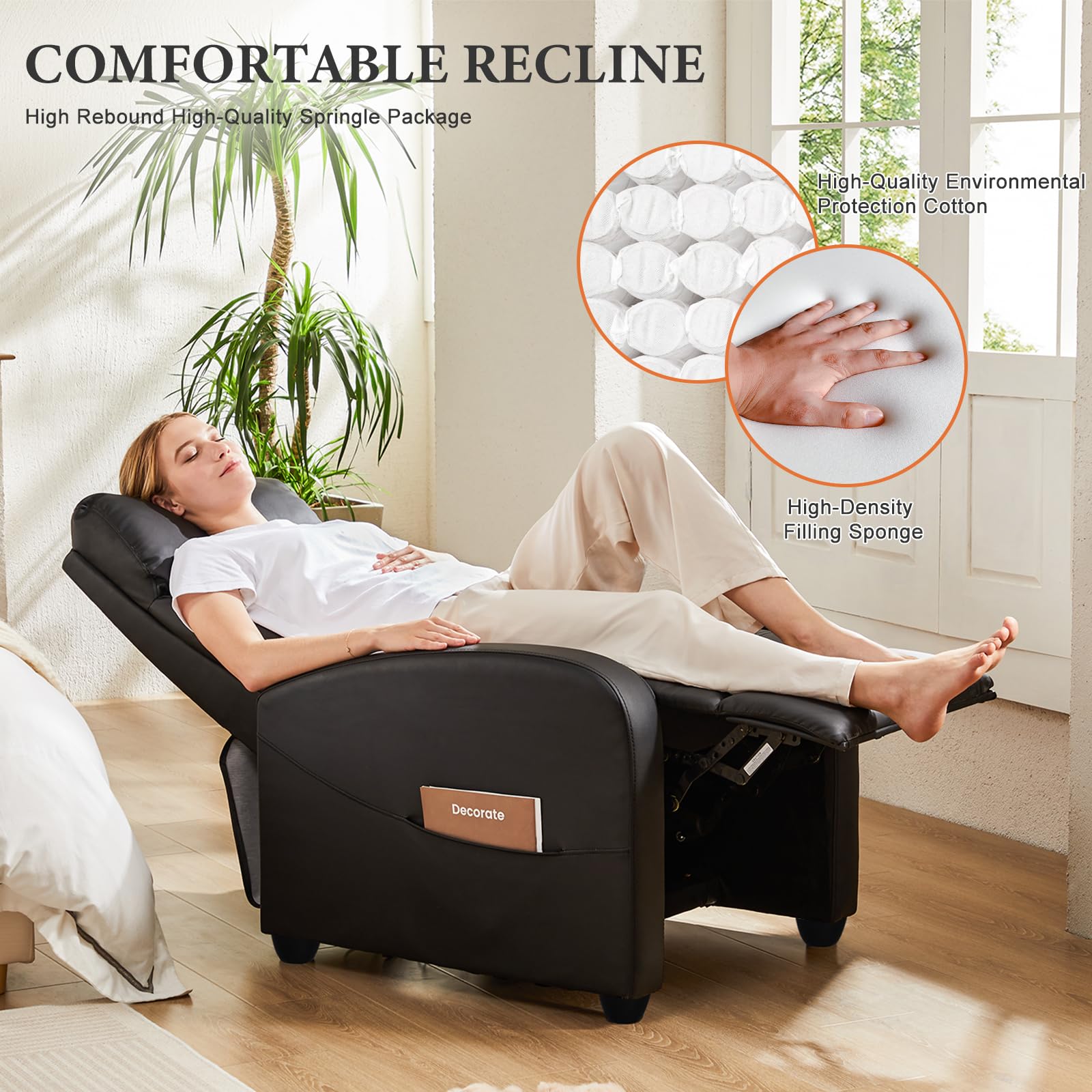 Sweetcrispy Recliner Chair Fabric Recliner Sofa No Massage, Home Theater Seating with Lumbar Support, Adjustable Push Back Overstuffed High-Density Sponge Reclining for Living Room, Grey
