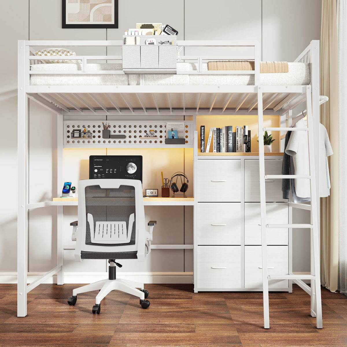 White Twin Loft Bed with Desk & Storage