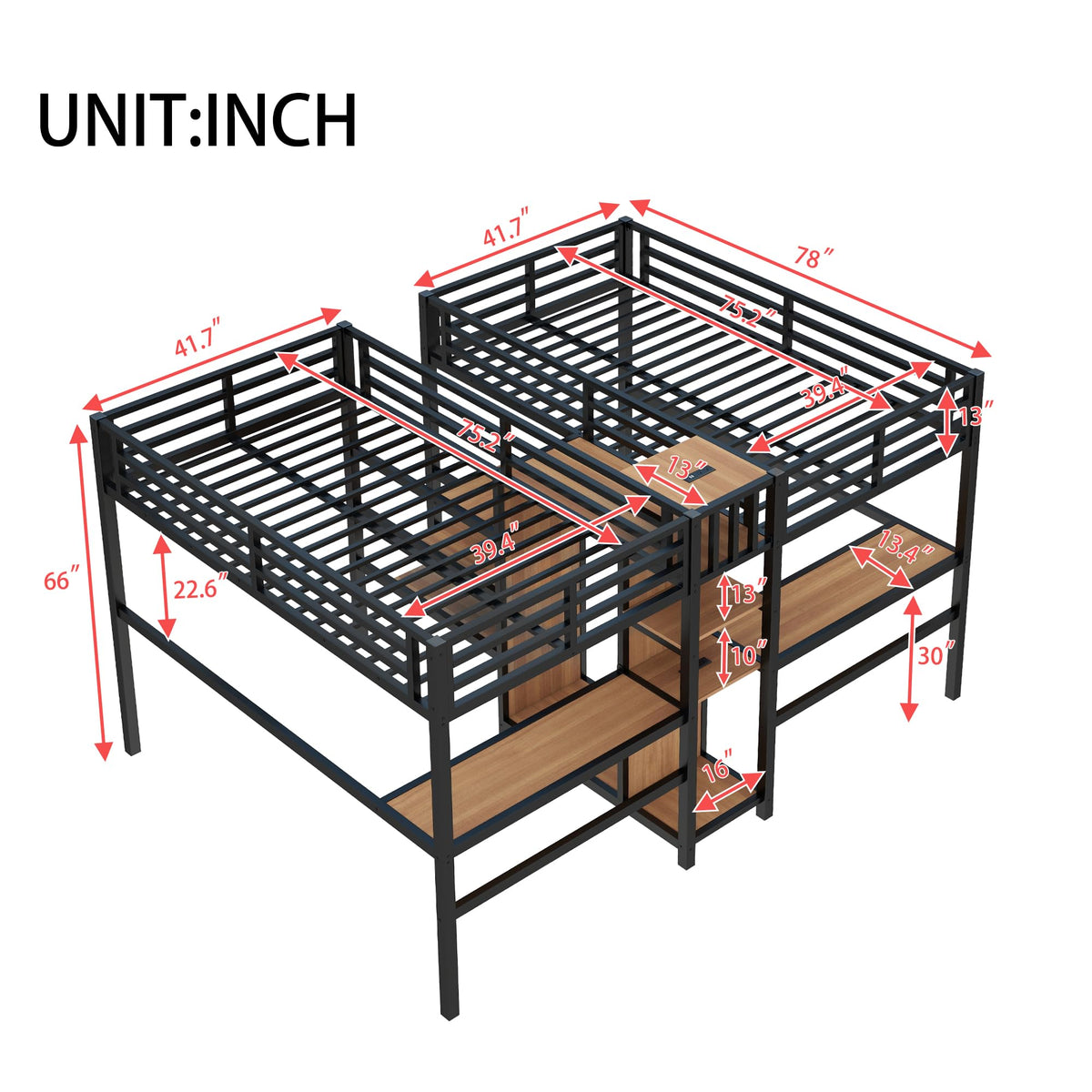 Twin Double Loft Bed with Desk and Wardrobe