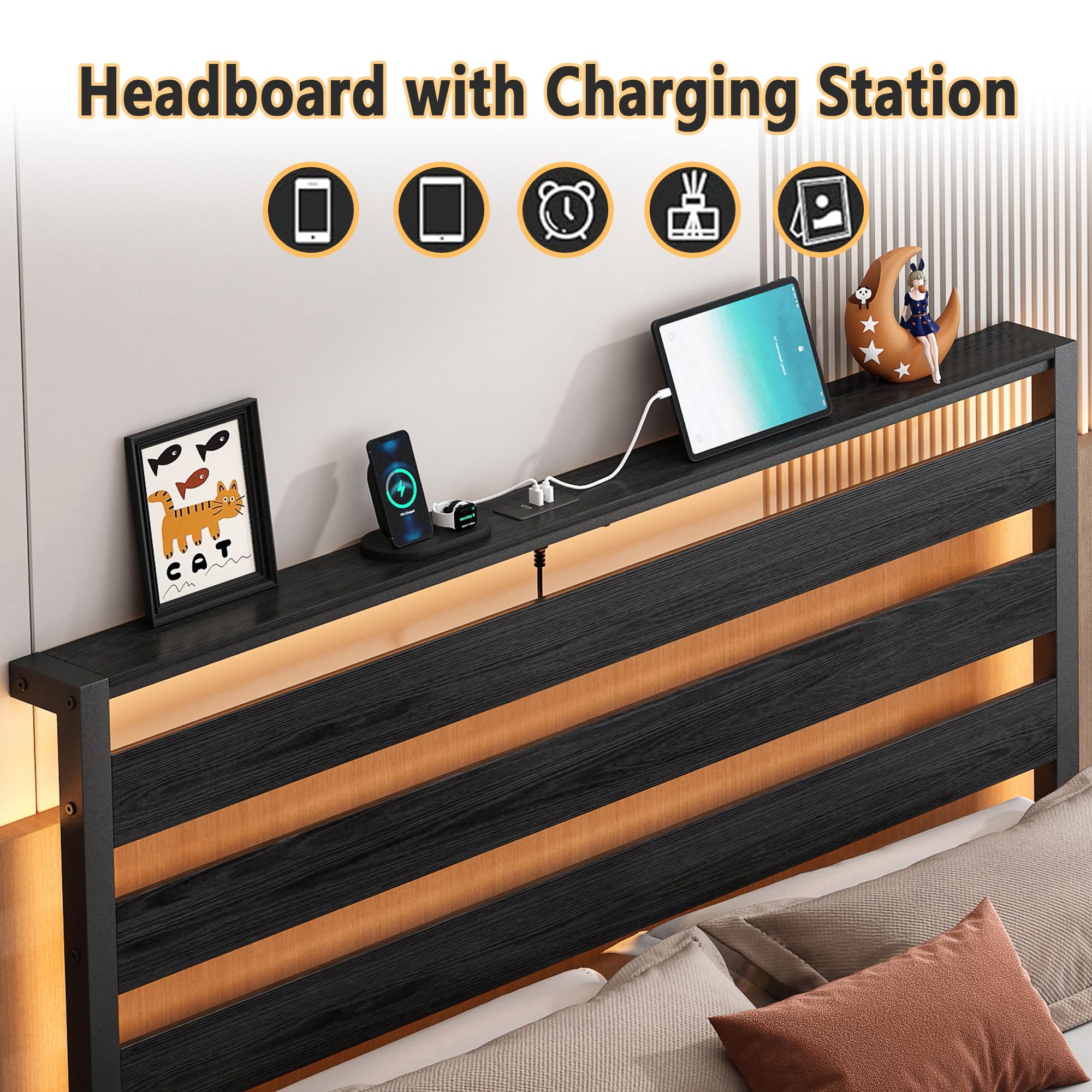 Metal Platform Bed Frame with Headboard, LED Lights & USB Charging