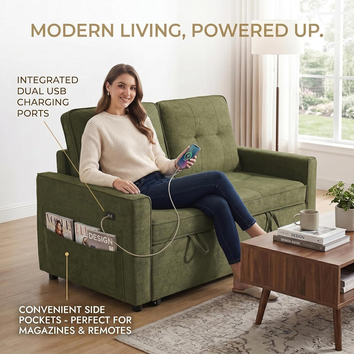 3-in-1 Sleeper Loveseat with USB
