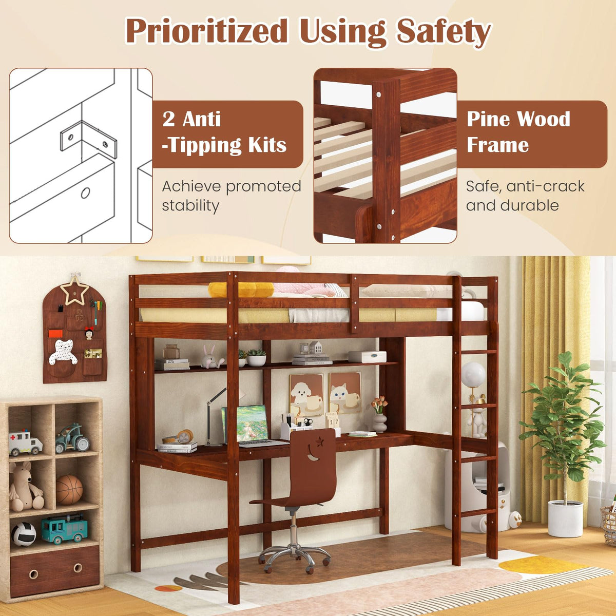 KOMFOTT Twin Loft Bed with Desk, Wood Loft Beds for Kids with Ladder, Solid Pine Wood Frame & Safety Guardrails, No Box Spring Needed, Space-Saving High Loft Bed Frame for Home, Dorm, Brown