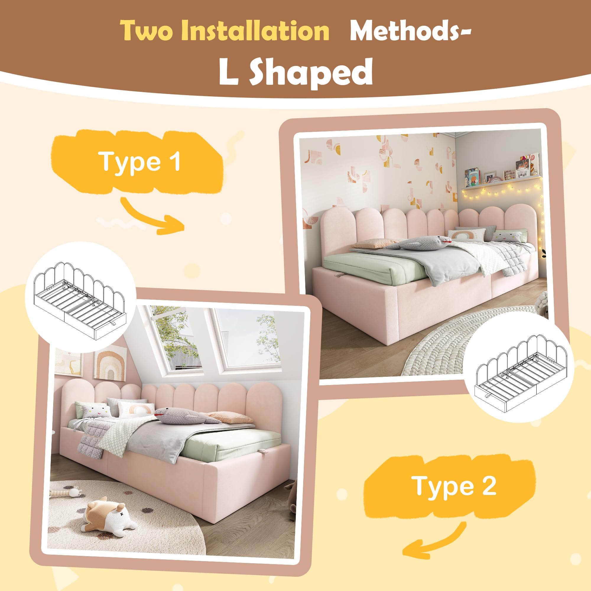 Merax Twin Size Upholstered Lift Up Sofa Day Bed with Headboard, Floor Sofa Daybed with Metal Slat Support, Lift Up Bed Frame for Kids, Boys, Girls Twin, Pink