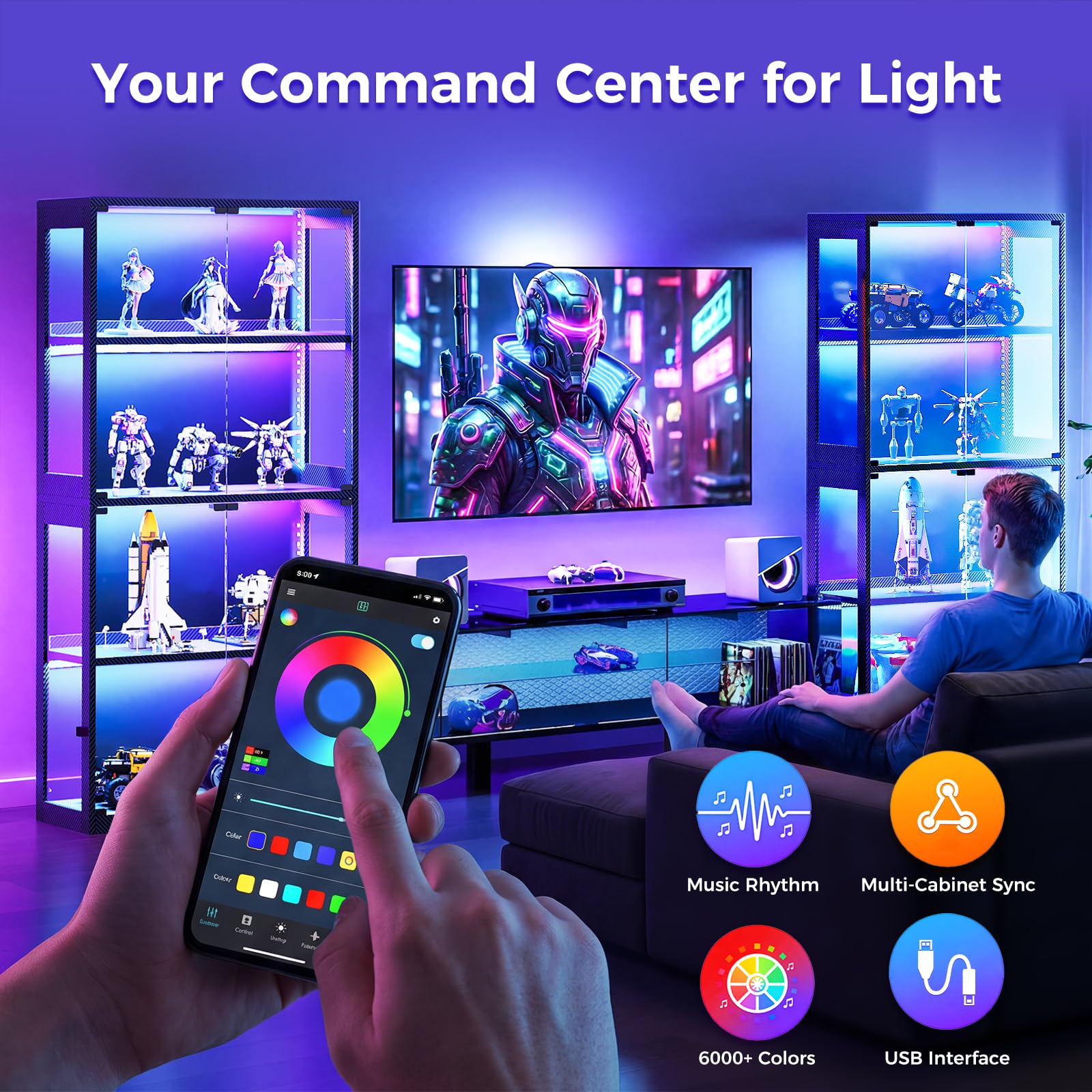 4-Tier Glass Display Cabinet with RGB Lights