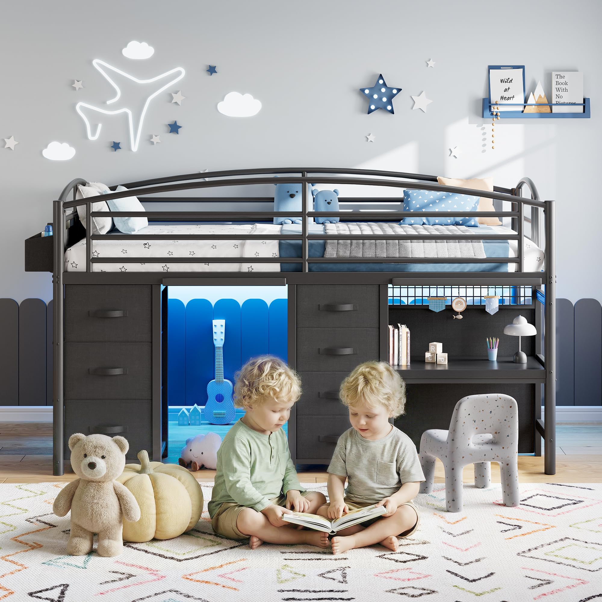 Kids Twin Loft Bed with Desk, Drawers & LED Lights