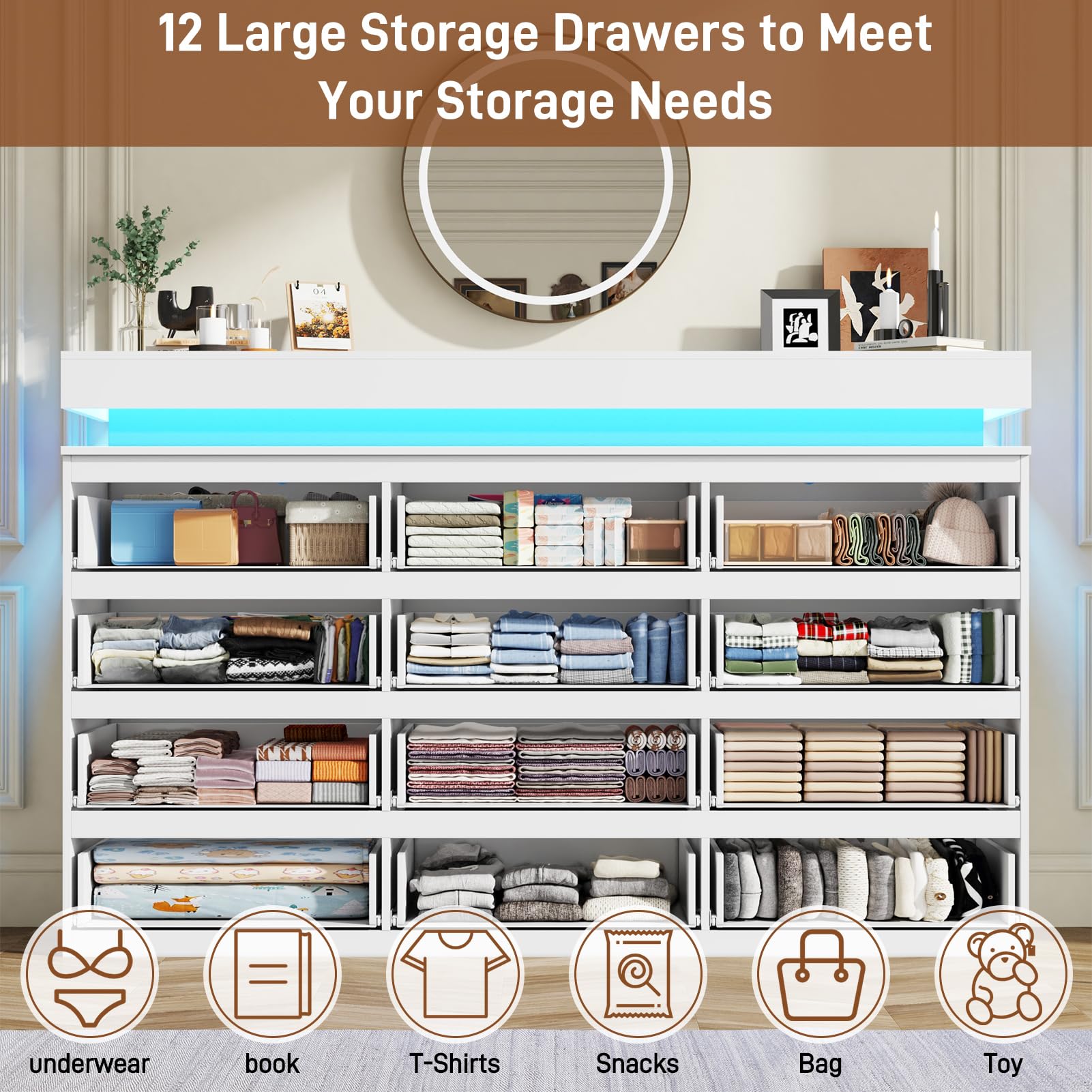 chartustriable 12 Drawer Dresser for Bedroom, 70" Wide 44" Tall Dresser with LED Light & Charging Station, Modern Chest of Drawers for Closet, Living Room, Entryway, Hallway (White, 12 Drawers)