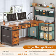 SEDETA L Shaped Desk with Drawers and Hutch, 47.2" Reversible Office Computer Desk with 5 Fabric Drawers, L Shaped Desk with Storage Shelves, Power Outlet and LED Lights for Home Office, Rustic Brown