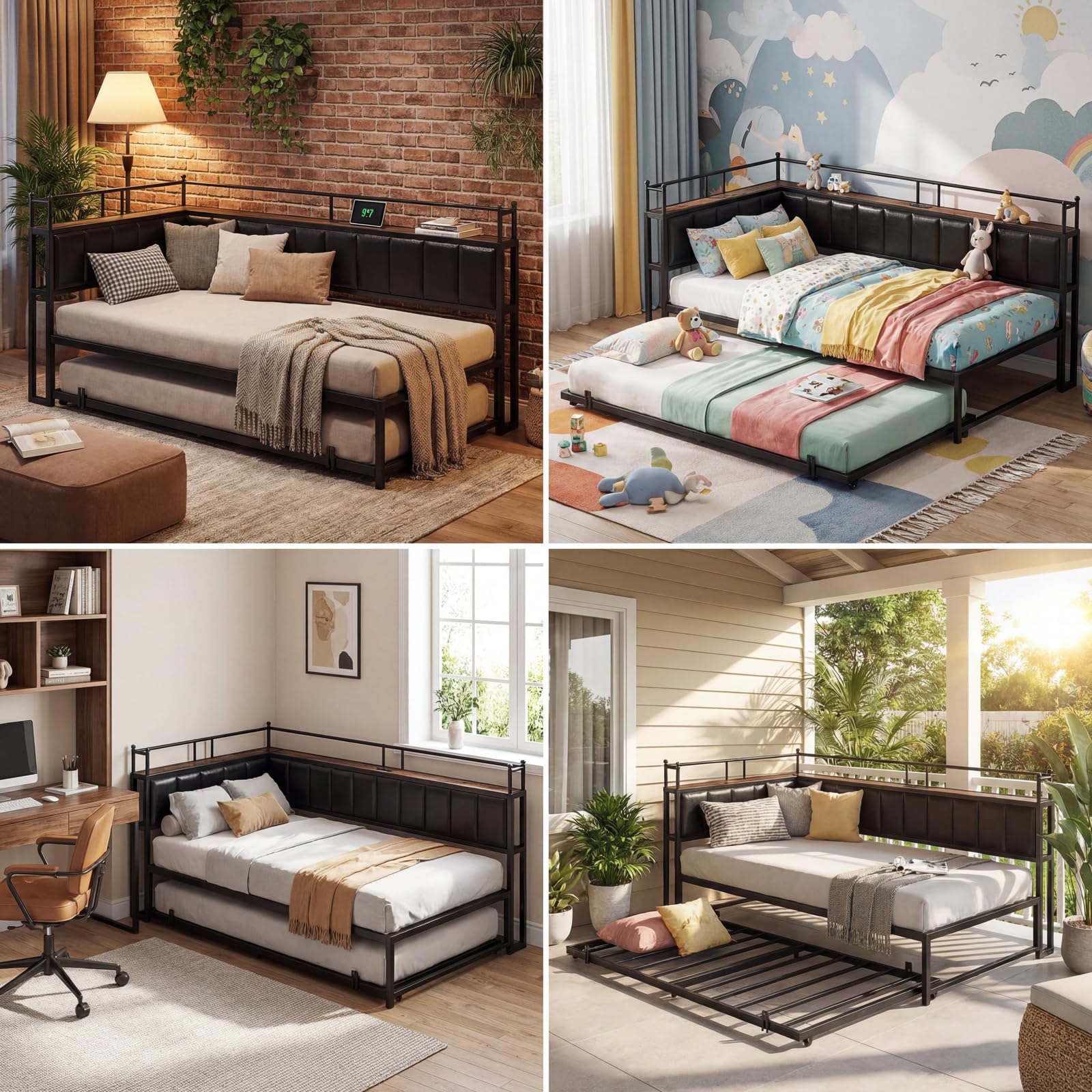 LIKIMIO Daybed with Trundle, Twin Corner Bed Frame with Bedside Storage,Sofa Day Bed for Living Room, Bedroom and Guest Room,Black