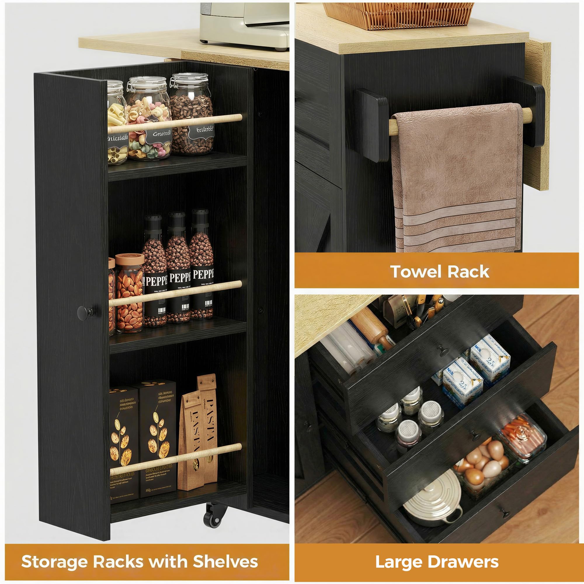 IRONCK Kitchen Island with Storage, 47.2in Rolling Island on Wheels, Kitchen Cart with Drop Leaf, 3 Spacious Drawers, Storage Cabinets and Towel Rack for Home, Dining Room