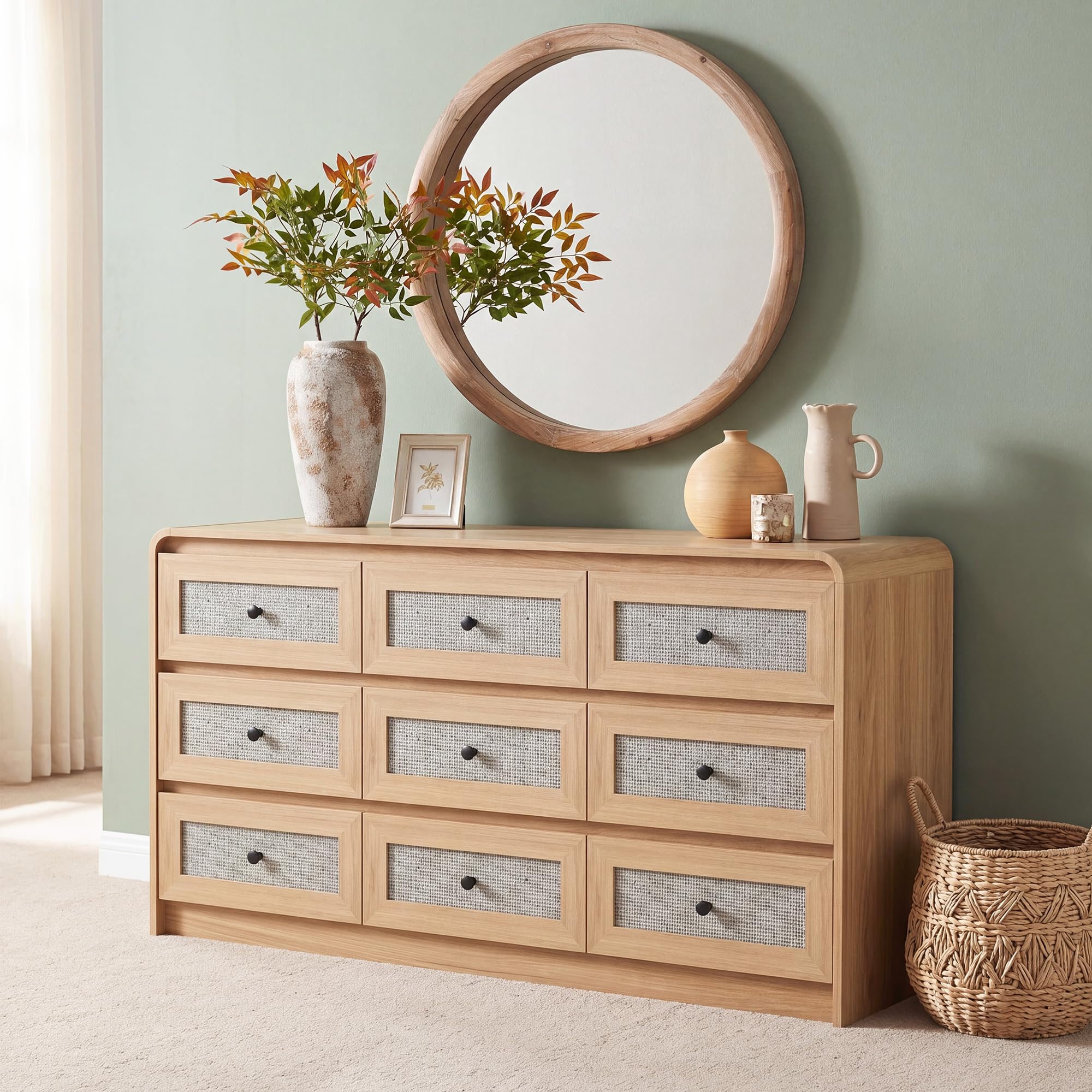 Seang Rattan 9 Drawer Dresser for Bedroom,55" Boho Chest of Drawers with Curved Profile Design,Wooden Dresser with Storage for Bedroom,Living Room,Natural