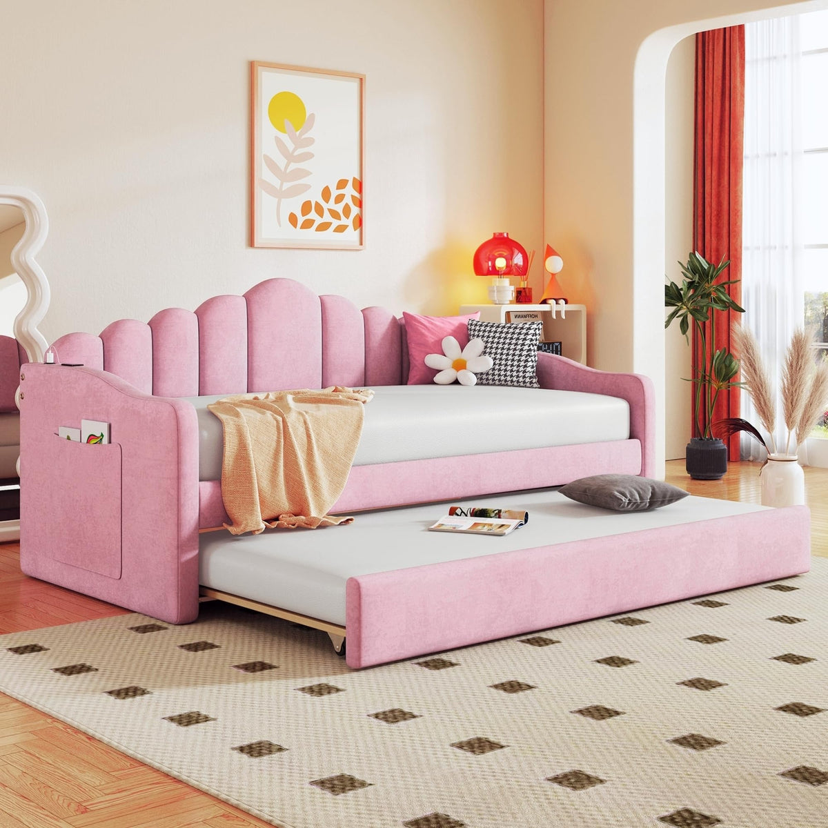 Merax Twin Daybed with Trundle, Upholstered Velvet Sofa Bed with Storage