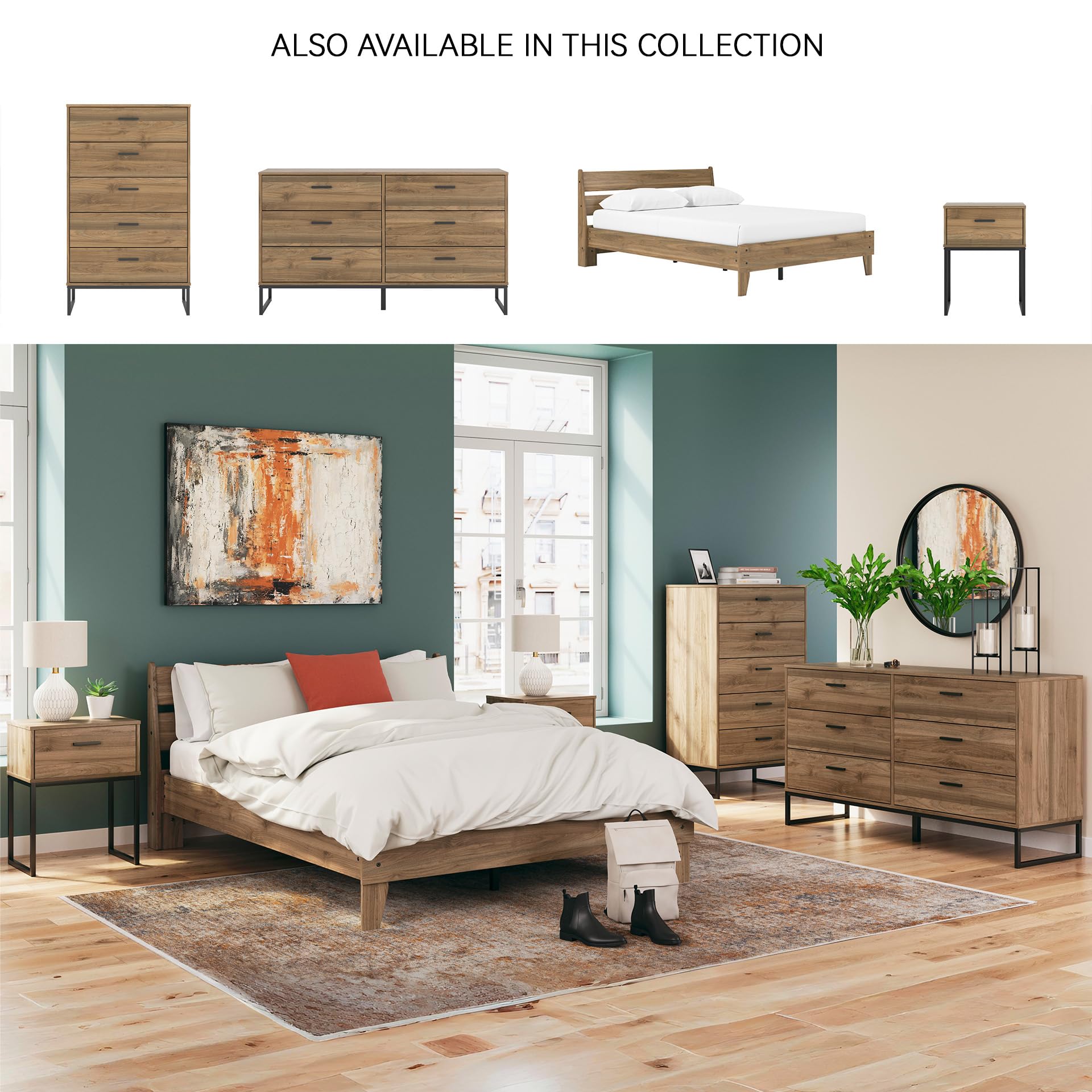Signature Design by Ashley Deanlow Mid-Century Modern Chest of Drawers with Dark Pewter-Tone Legs and Handles, 5 Storage Drawers, Wood, 50.67" High, Brown