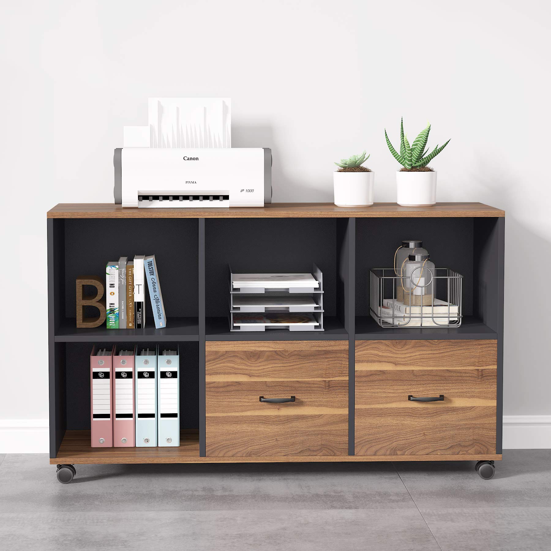 Mobile Lateral File Cabinet with 2 Drawers & Open Shelves