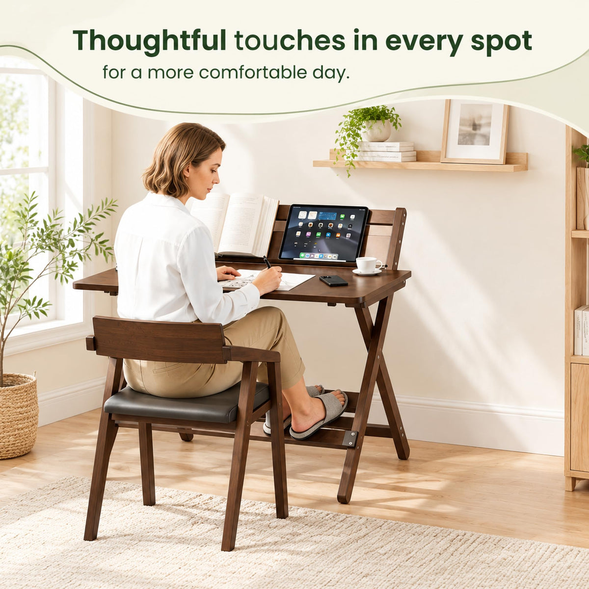 JORZIK Bamboo Foldable Desk, 31" Portable Oversized Desk with 4 Adjustable Heights,Home Office Computer Desk with ReadingShelf, Perfect Furniture for Living Room &Bedroom, No Assembly (Walnut)