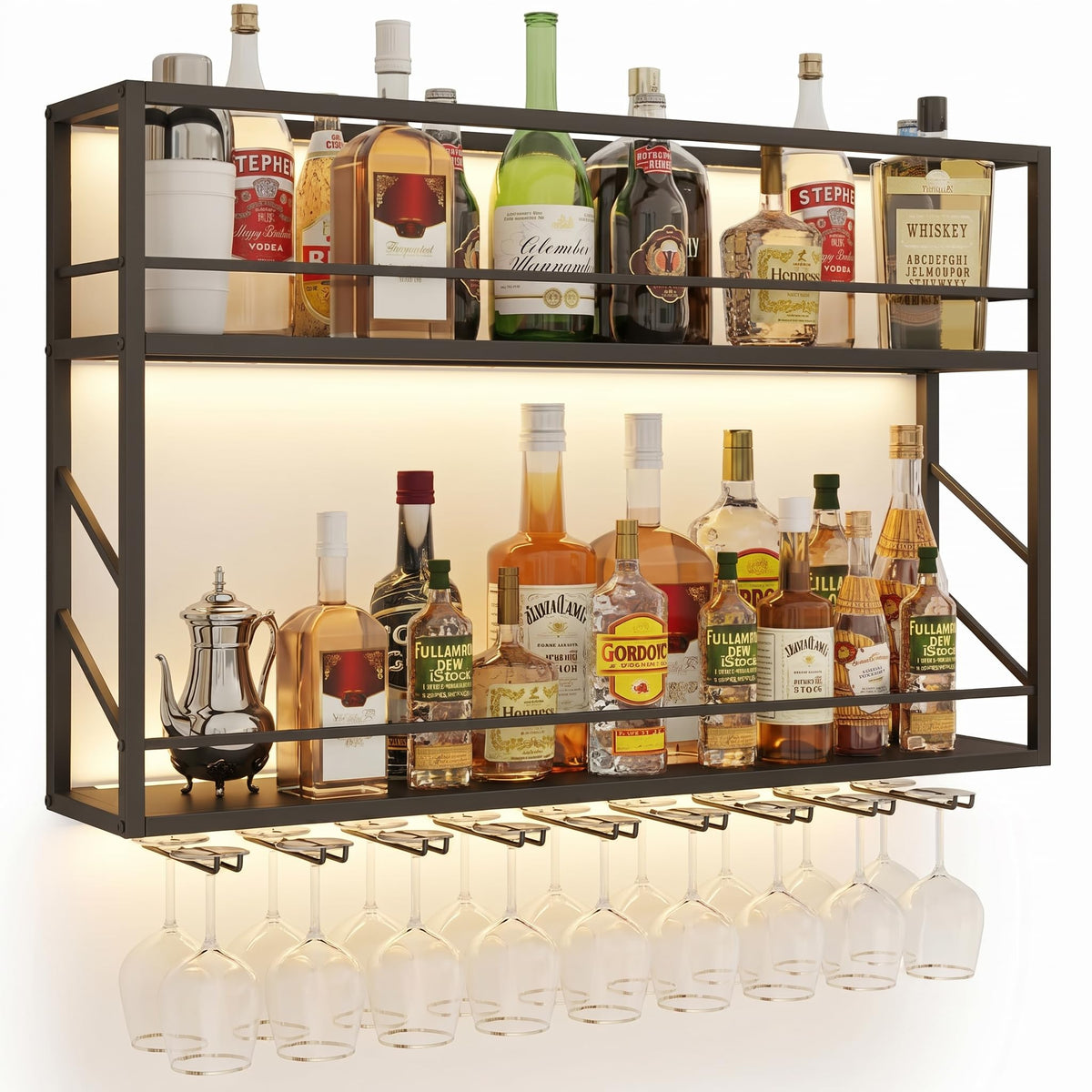 Woskar 2-Tier Wall Mounted Wine Rack with LED Lights,47.2”W x 7.8”D x 26”H