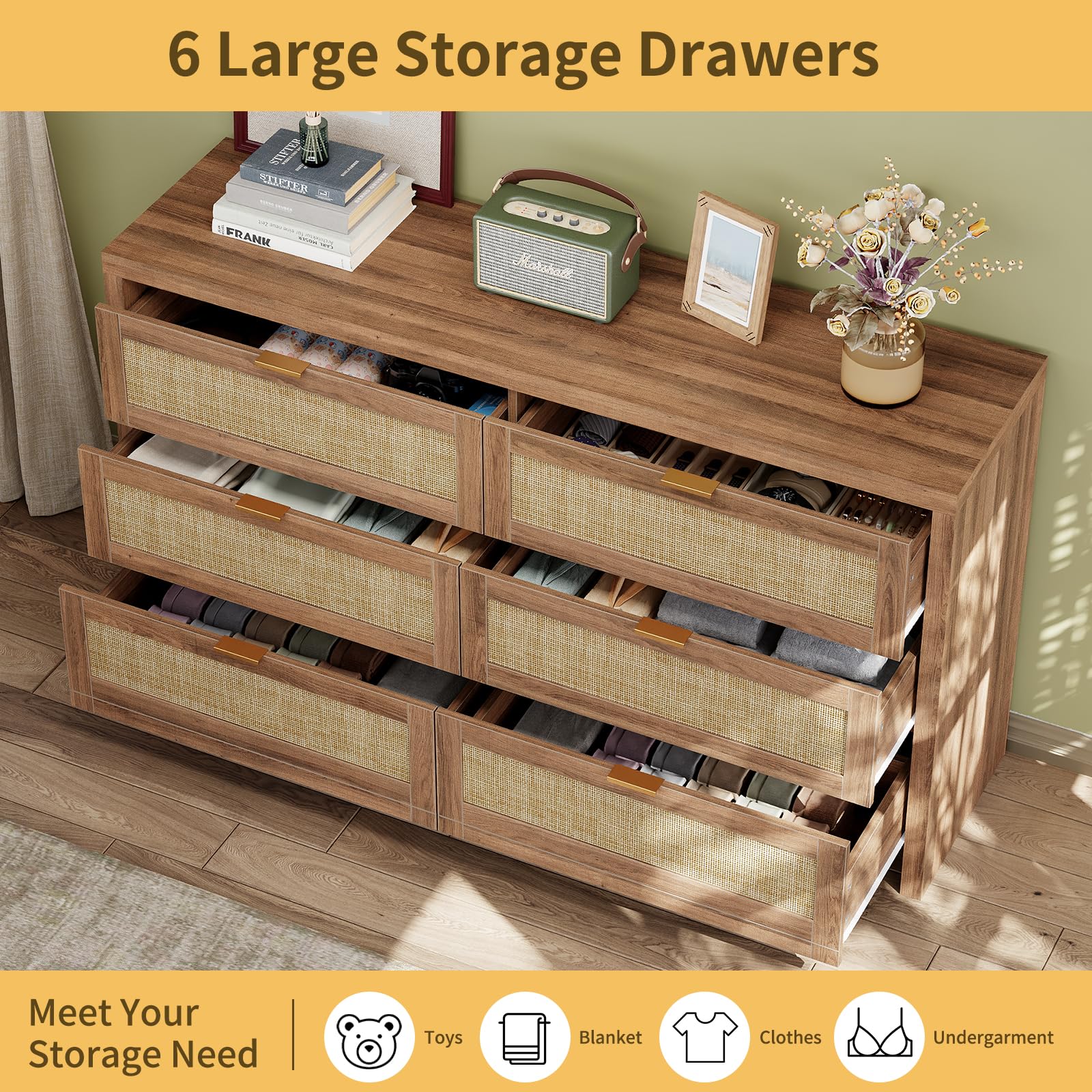 Cozynome 6 Drawers Dresser for Bedroom, 57” Rattan Dresser with Ample Storage, Boho Chest of Drawers, Wooden Dresser with Metal Handle, Rattan Dresser for Closet, Living Room, Entryway, Natural