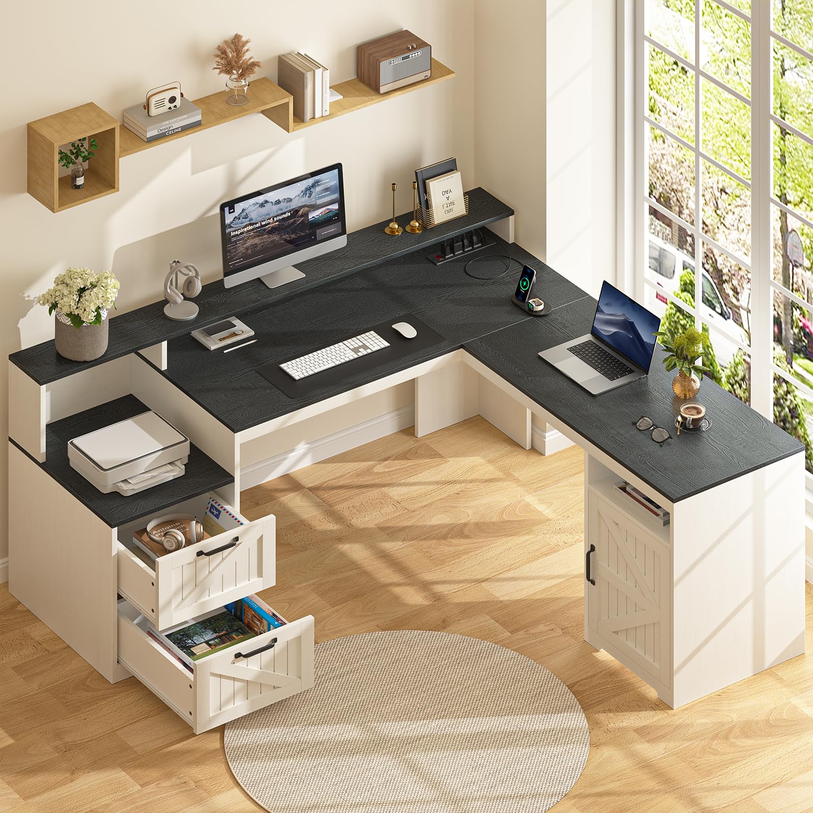 YOMILUVE 63" Farmhouse L Shaped Executive Desk with Drawers & Storage Shelf, Corner Computer Desk with Power Outlets, L Shaped Office Desk with Monitor Stand, Printer Shelf, Black and White