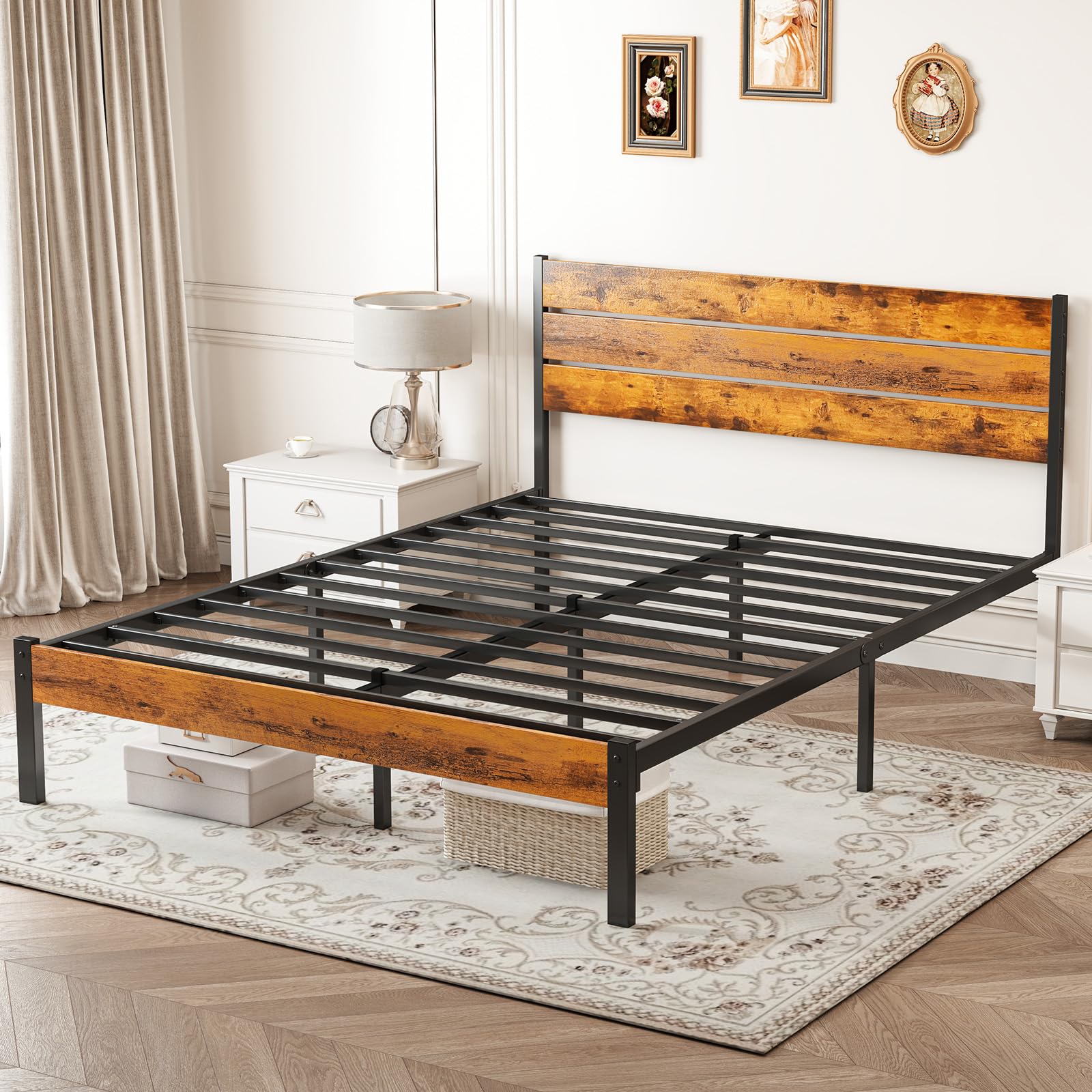 Industrial Metal Bed Frame with Headboard – 800 lb Capacity, Under-Bed Storage