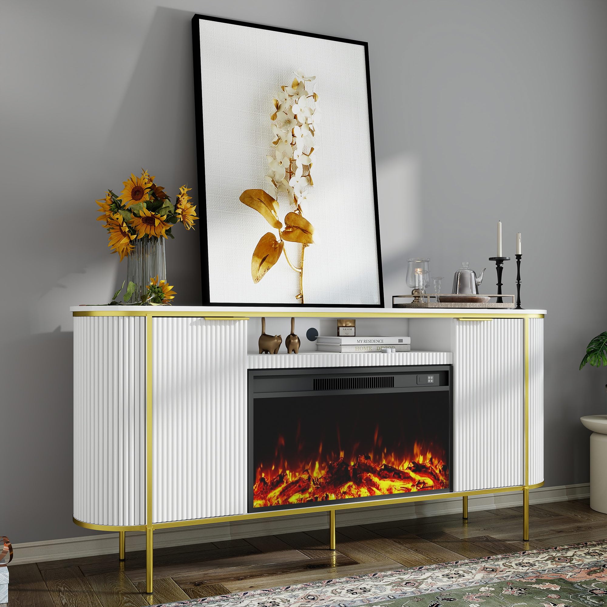 LABROSKIA Fluted Fireplace TV Stand: 70" White Electric Fireplace TV Stand Up to 80 inchs, Luxury Media Console with 30" Electric Fire Place, Modern TVs Consoles for Living Room, Faux Marble Top