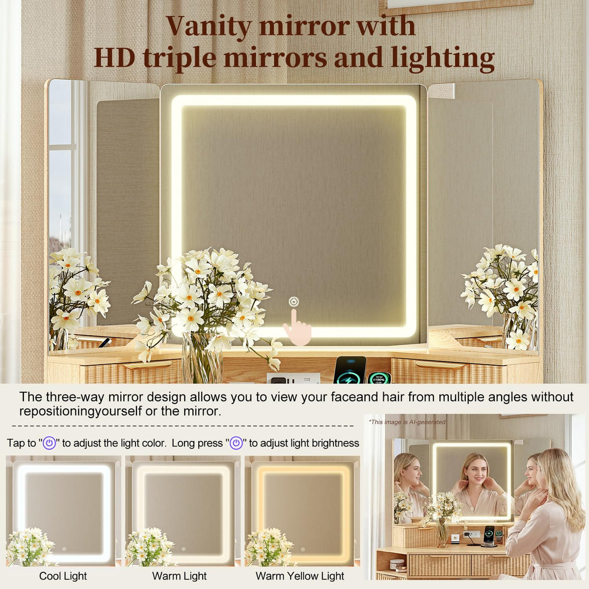 GRUTEUNIT Corner Makeup Vanity Desk with 3 Way Mirror and Lights,48" Large Vanity Table with 6 Drawers & Storage Cabinets, Charging Station, Fluted Dressing Table for Bedroom, Oak