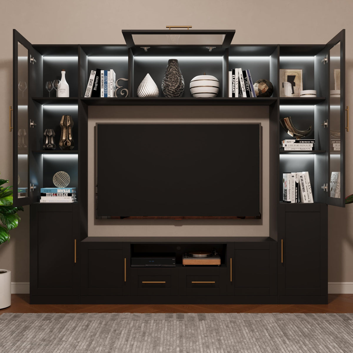 Jiaoun 4-Piece Entertainment Center Wall Unit, Multifunctional TV Stand with Tempered Glass Door/LED Lights, Up-Flip Door & Shelves, Large Console Storage Cabinet Set for TVs Up to 70", Black