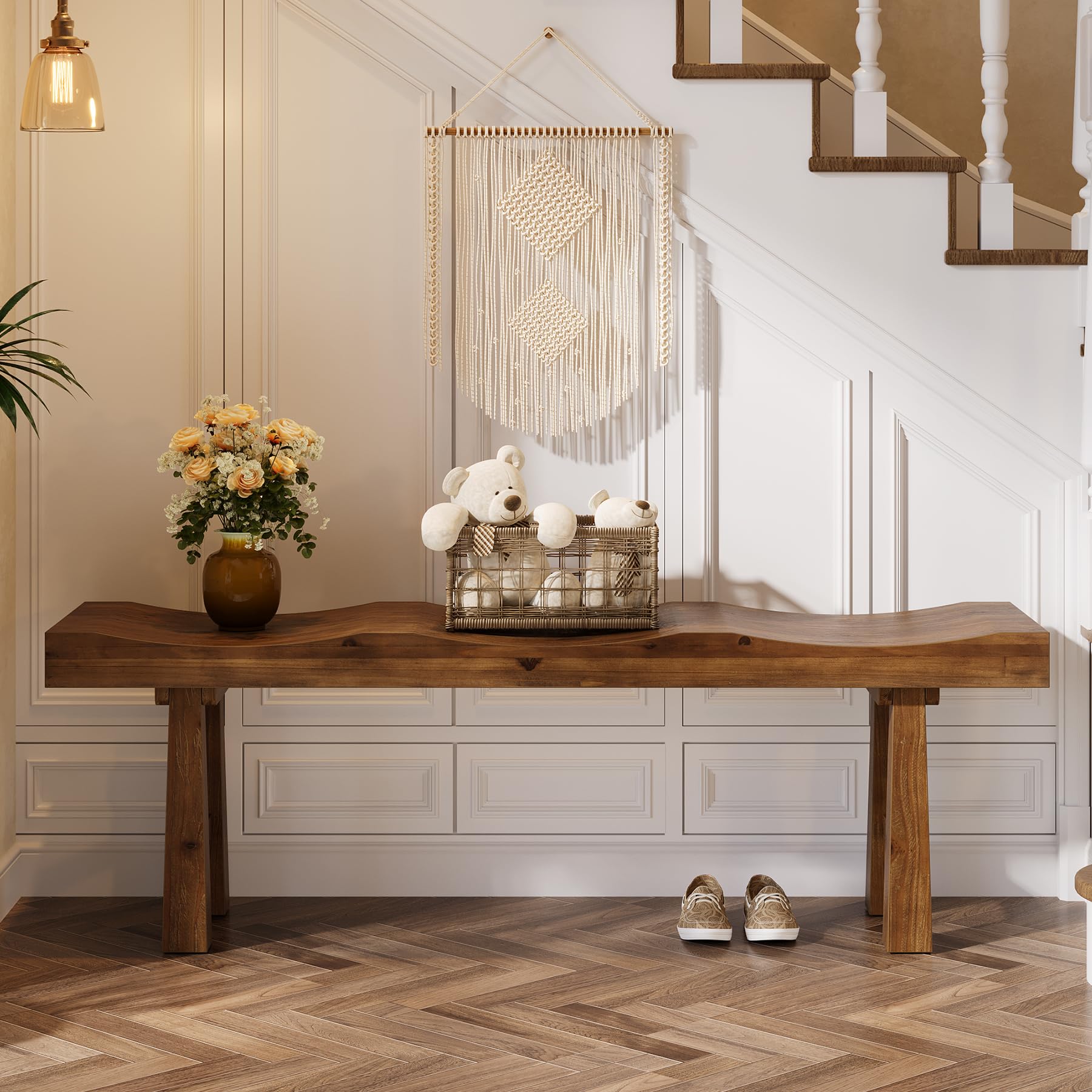 Solid Wood Entryway Bench with Wave-Top Design, 55"