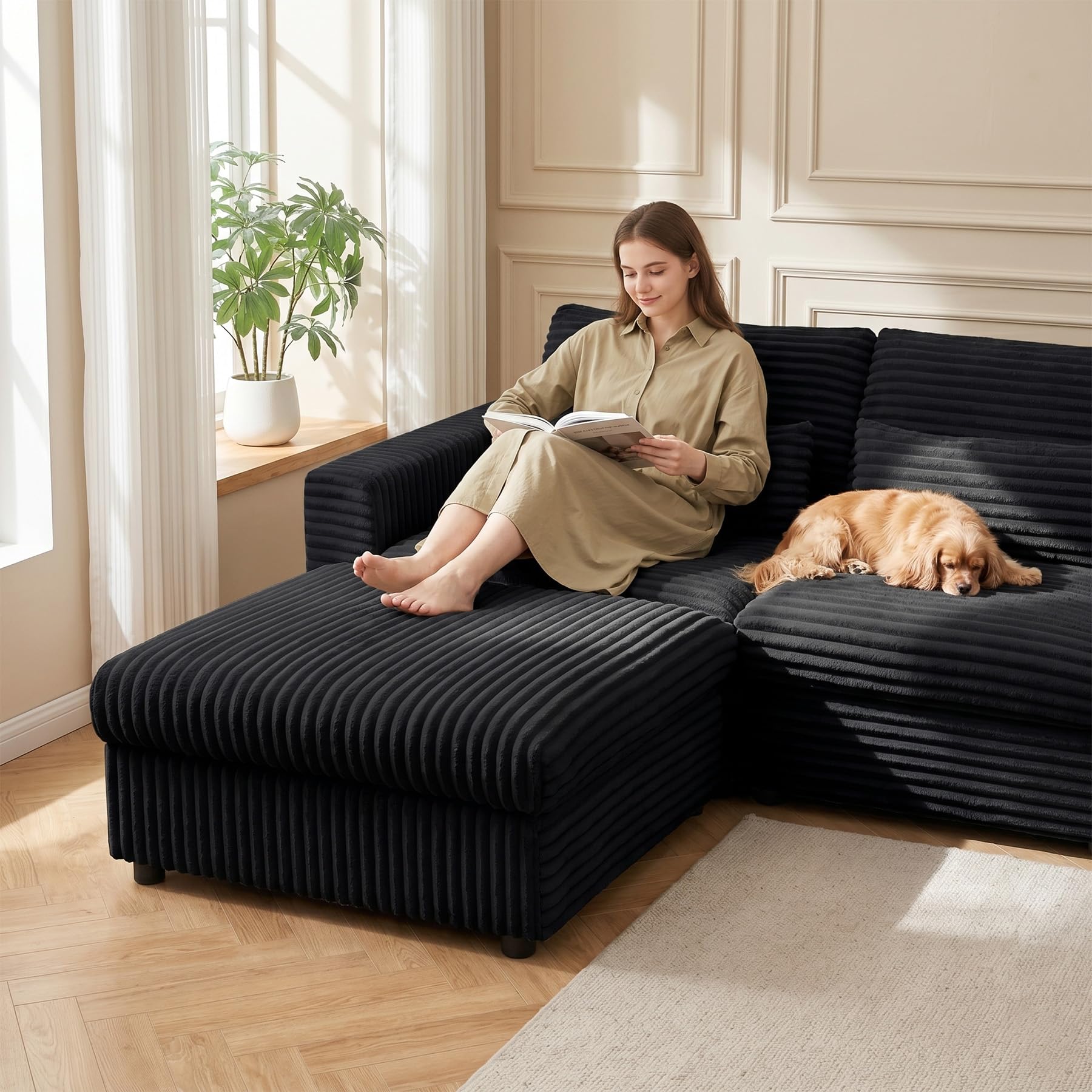 Mofolit Corduroy Ottoman with Storage,16.5Inch Height Square Ottomans Easy of Assembly, Couch Ottoman for Living Room,Apartment and Bedroom .(Black, Ottoman)