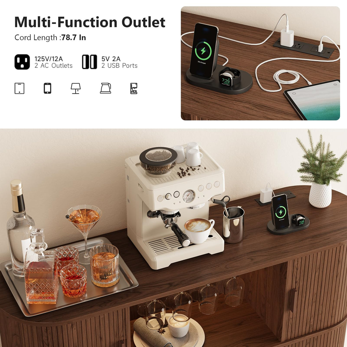Fluted Bar Cabinet with LED Lights and Outlets
