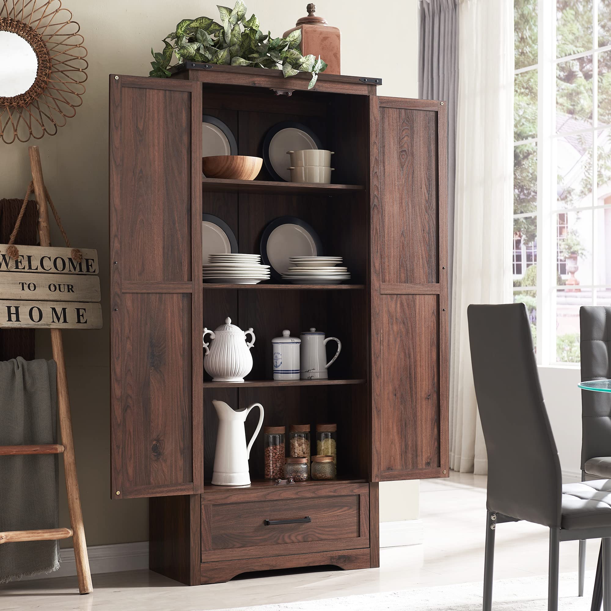 XIASLO 72" Tall Wood Storage Cabinet, Farmhouse Kitchen Pantry Cabinet with Adjustable Shelves & Drawer & Barn Doors, Versatile Storage for Kitchen, Dining Room, Bathroom, Brown