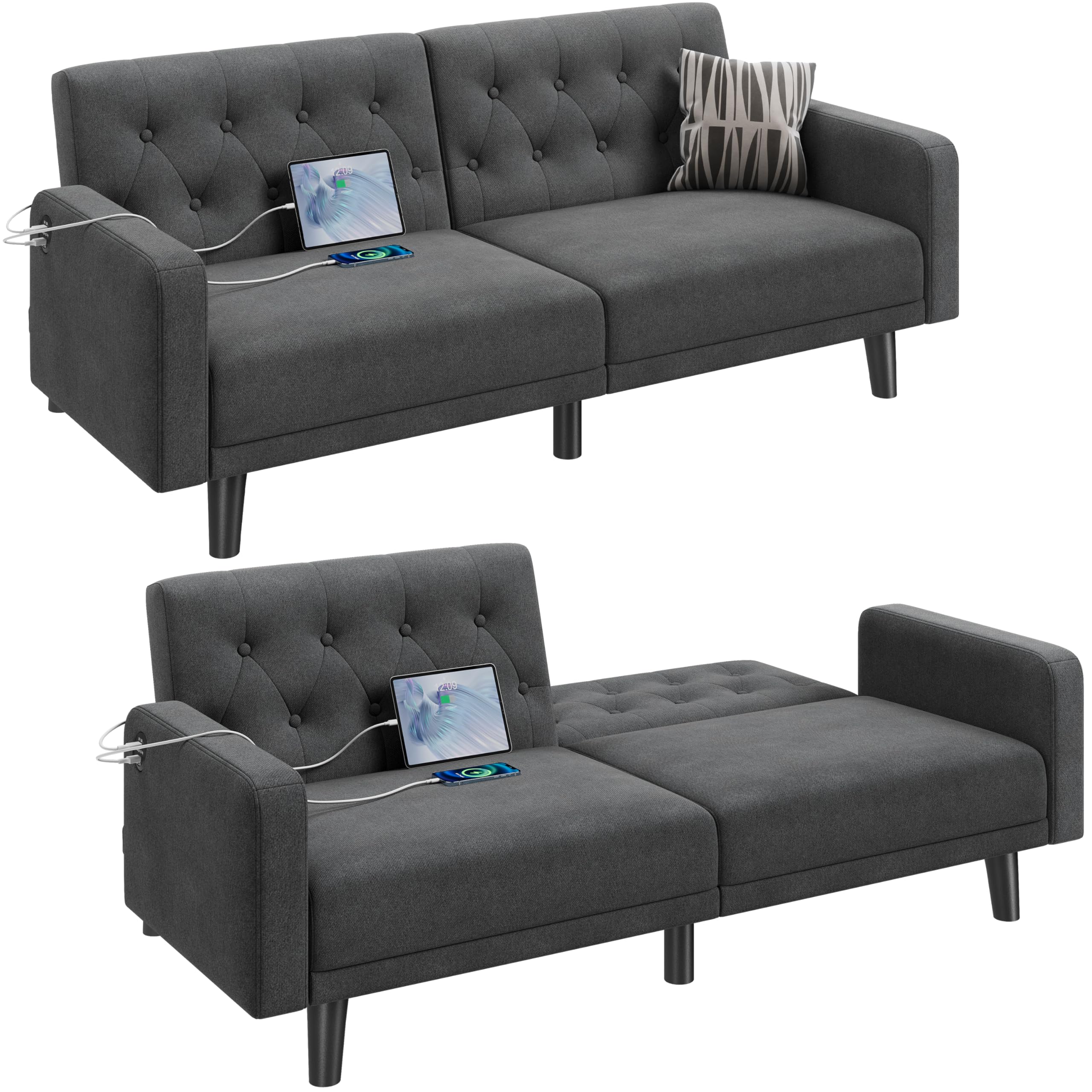63" Convertible Futon Sofa Bed with USB Ports