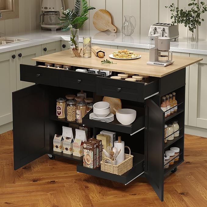 Rolling Kitchen Island with Drop Leaf & Charging Station