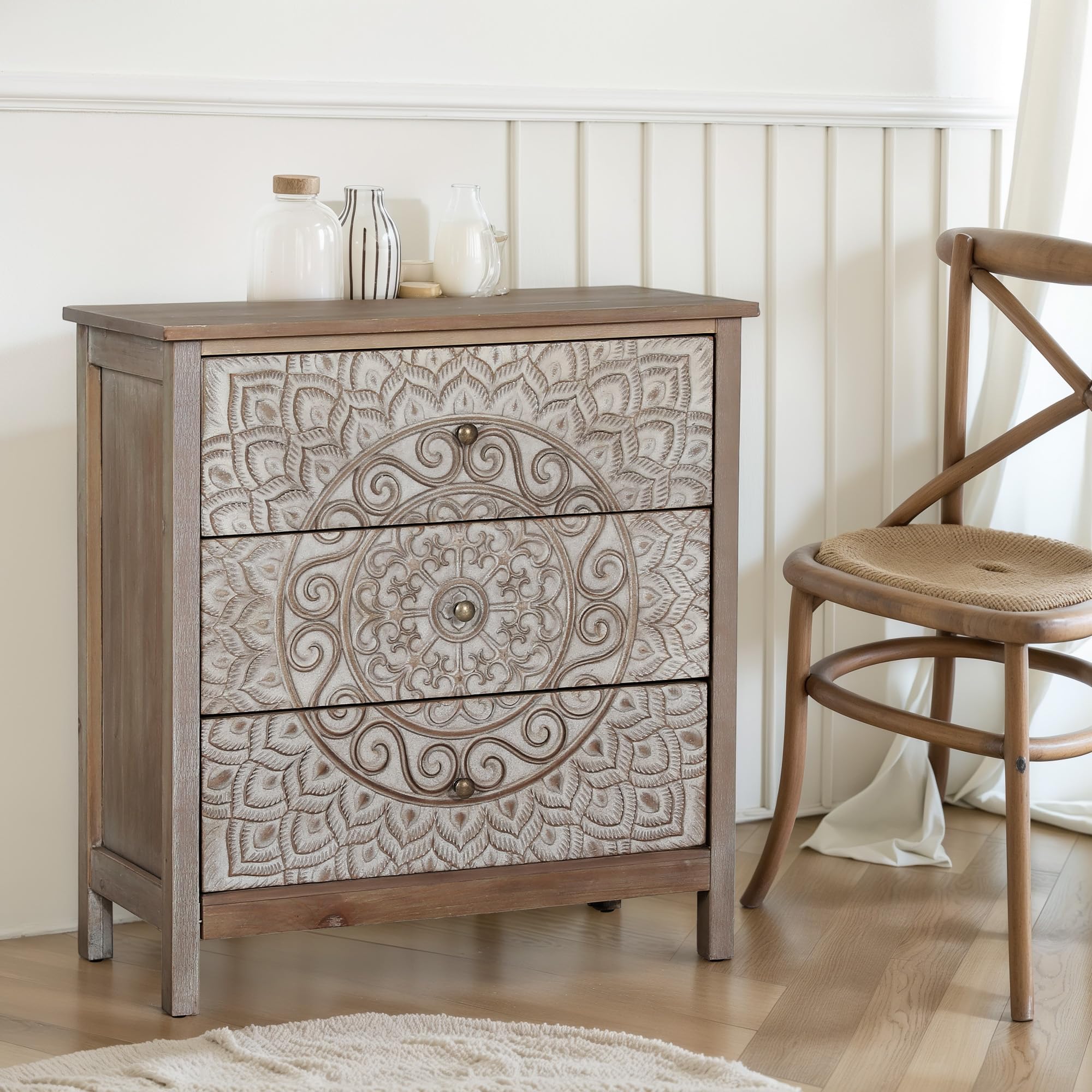 PHI VILLA Accent Cabinet with Drawers - Chest of Drawers Farmhouse Rustic Cabinet with 3 Drawers Entryway Storage Chest