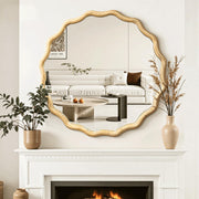 Circle Wood Mirrors for Wall, Wavy Round Bathroom Scalloped Mirror Wooden Frame 28 Inch for Living Room Farmhouse Bedroom Hallway Entryway Living Room with Shatterproof Glass Wall Mounted