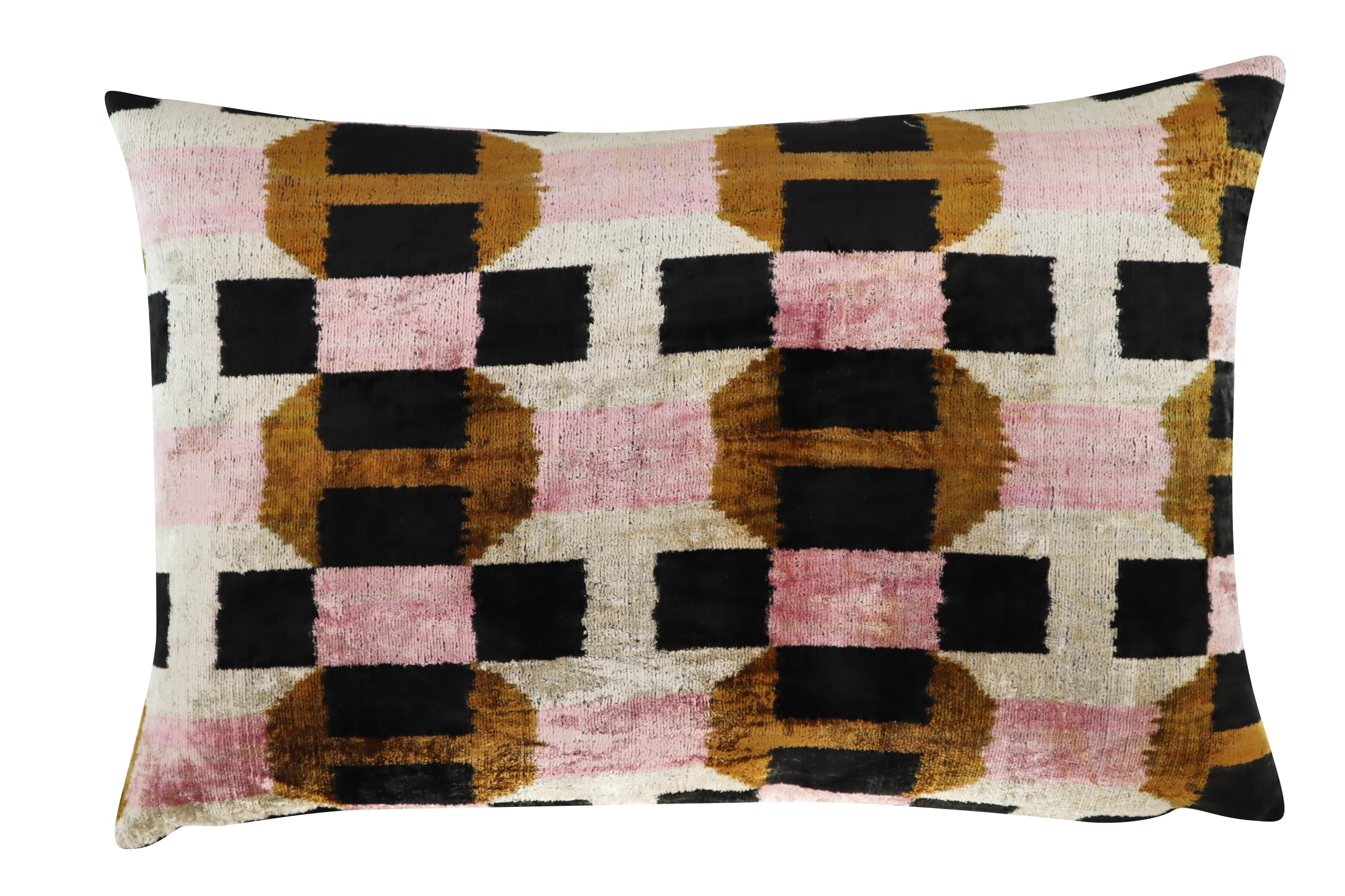 CANVELLO Handmade Pink & Brown Geometric Silk Velvet Throw Pillow – 16x24 Inch, Naturally Dyed, Down Feather Insert, Luxury Decorative Cushion for Sofa & Bed