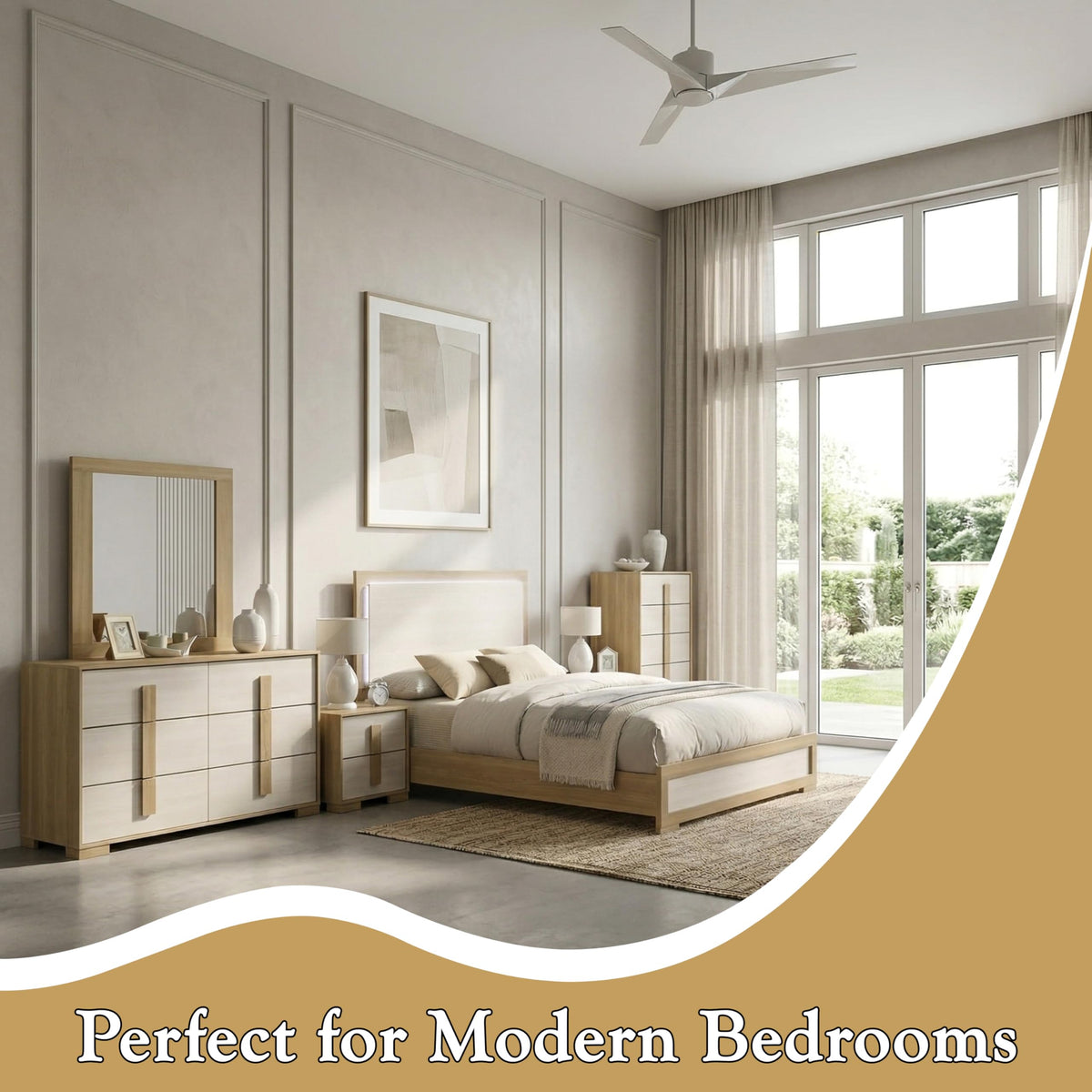 Kings Brand Furniture 6-Piece Natural/White Bedroom Set - King Size Bed with LED Lights, Dresser, Mirror, Chest and 2 Nightstands