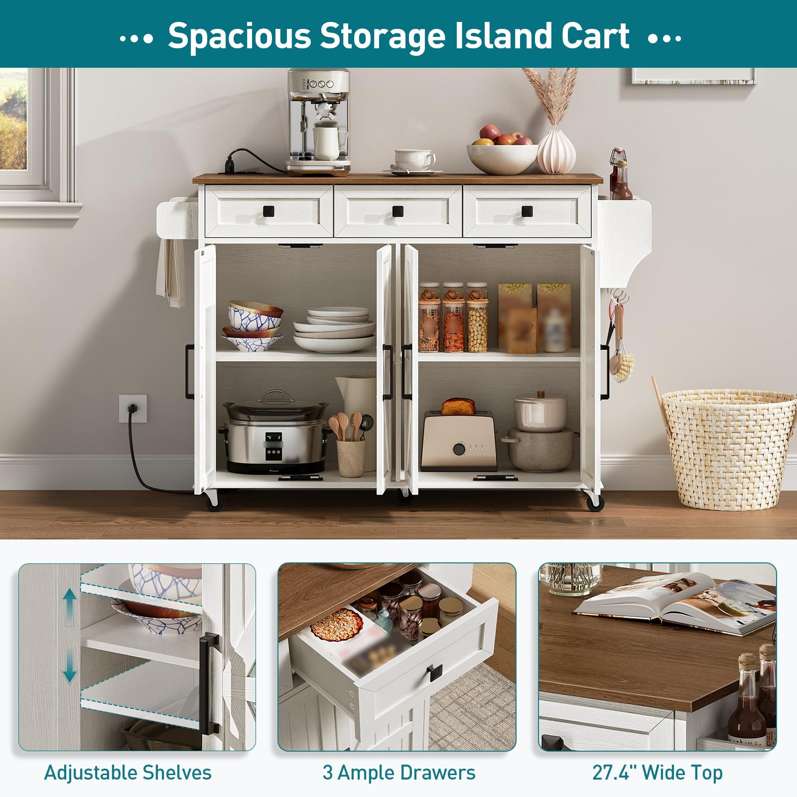 RALGEND Kitchen Island with Drop Leaf & Power Outlet, Rolling Kitchen Island Cart On Wheels, Barn Door Kitchen Island Table with Storage and Tower Rack, Island Table for Kitchen, White and Walnut
