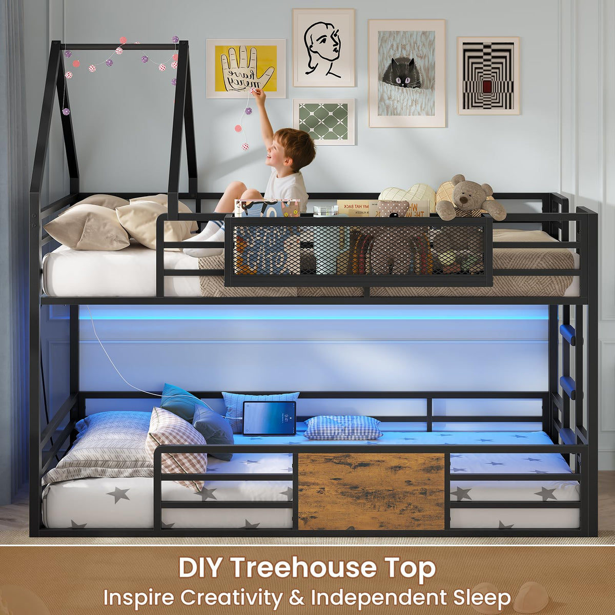 ADORNEVE House Bunk Bed Twin over Twin with Storage Basket, Black